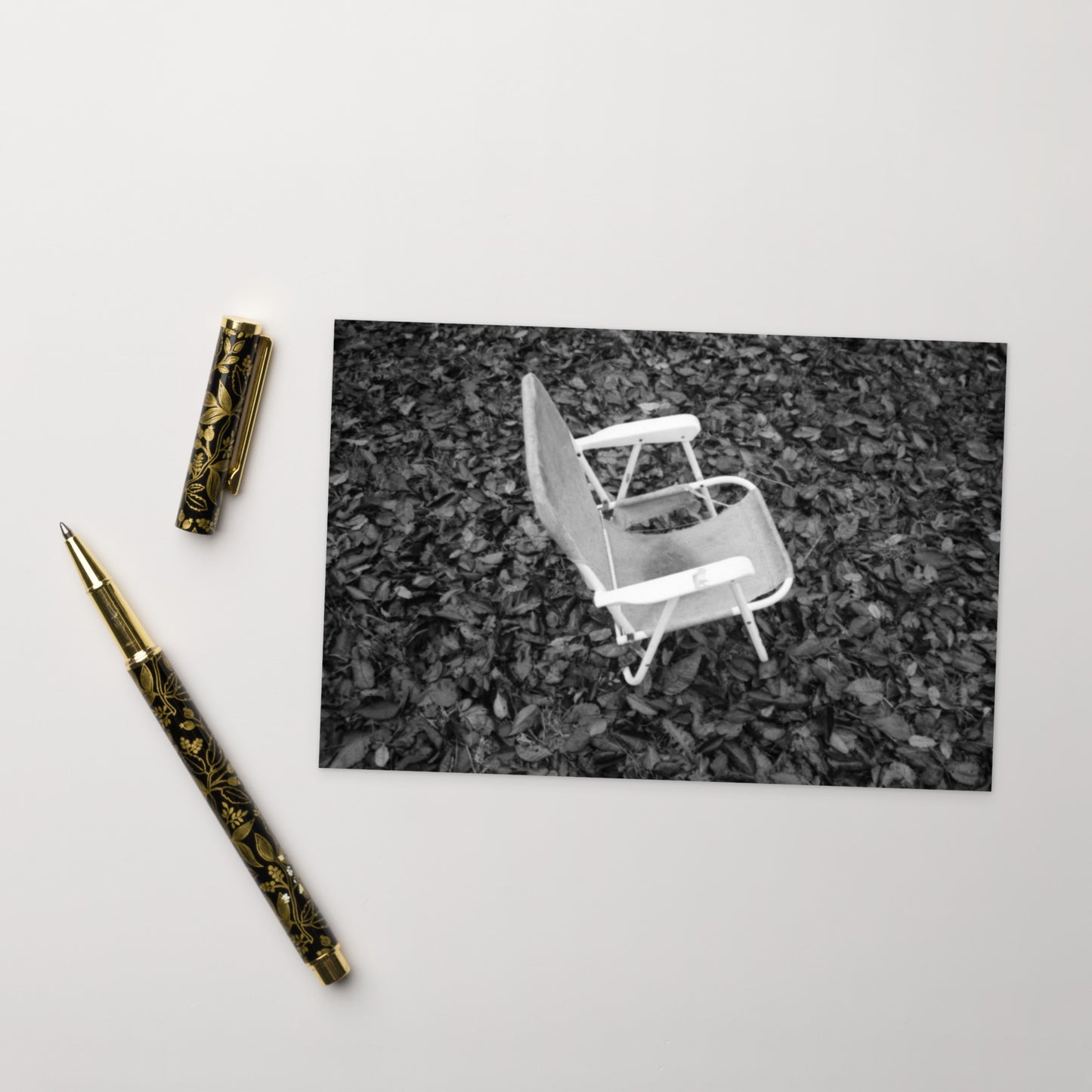 Fallen Leaves and Chair (B&W) Art – Premium Matte Postcard, Front View