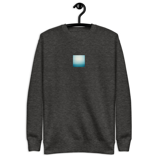 Minimalist streetwear style unisex premium sweatshirt in charcoal heather featuring the 'Ocean Horizon' photo art on the front. / モードストリート系ユニセックス・プレミアム・スウェットシャツ(チャコールヘザー)フロントに「オーシャンホライズン」のフォトアートを配したデザイン。