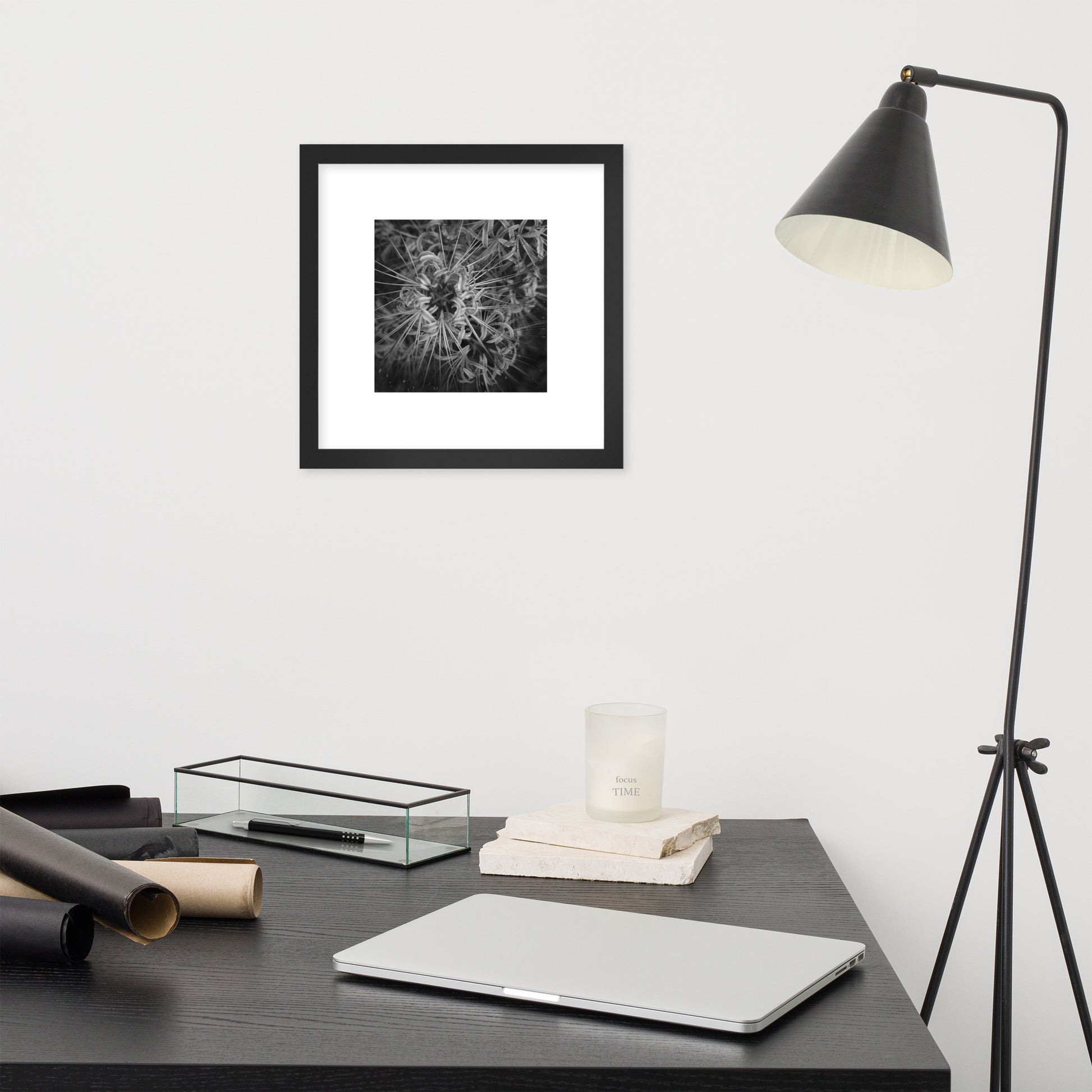 Red Spider Lily B&W Art – Framed Poster, Black Frame, Front View