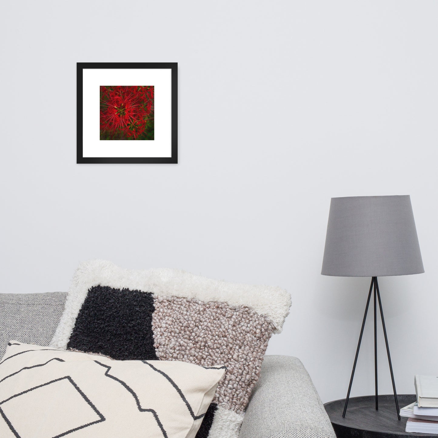 Red Spider Lily Botanical Art – Framed Poster 12x12, Black Frame, Front View