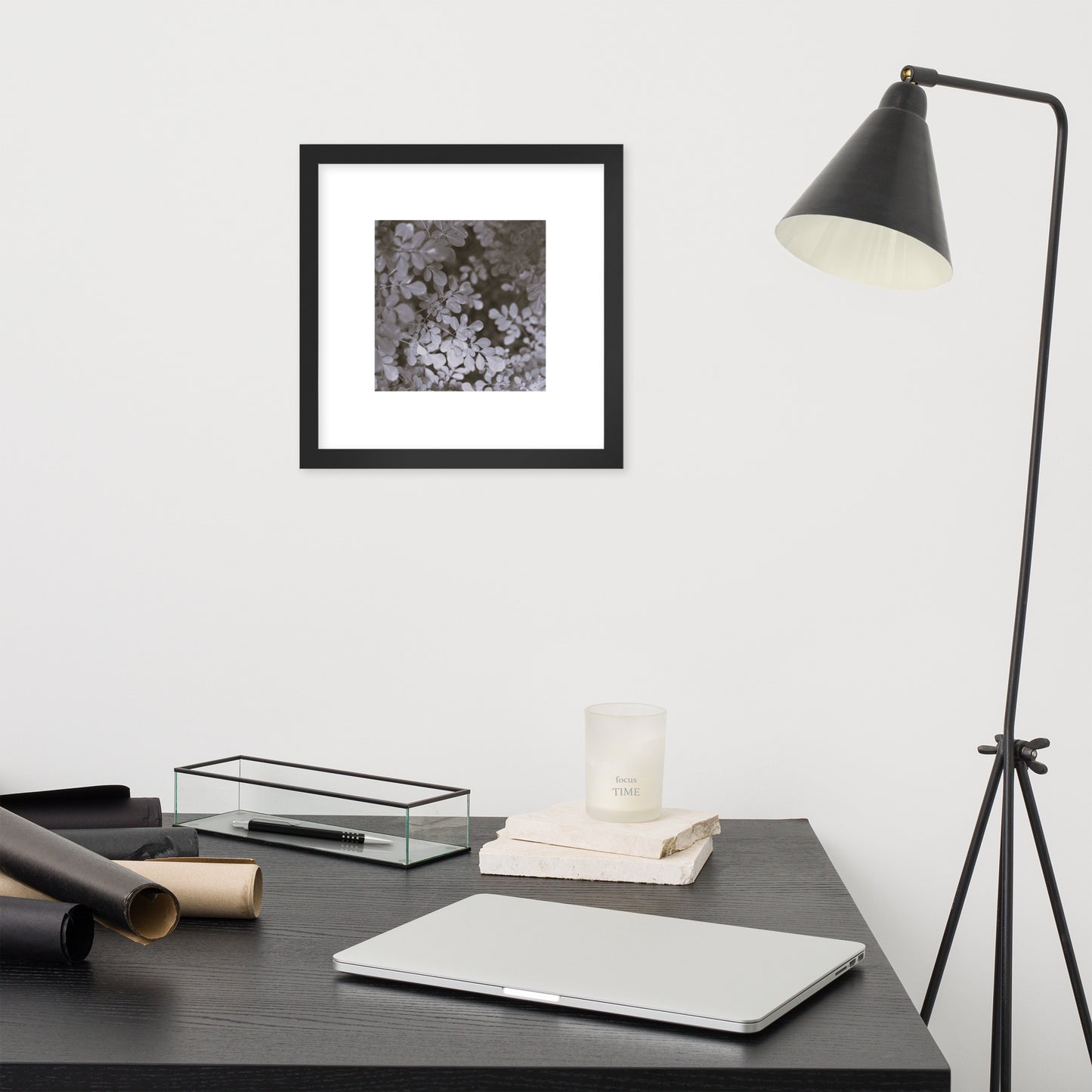 Matsukazesou Botanical B&W Art – Framed Matte Paper Poster, Black Frame, Front View