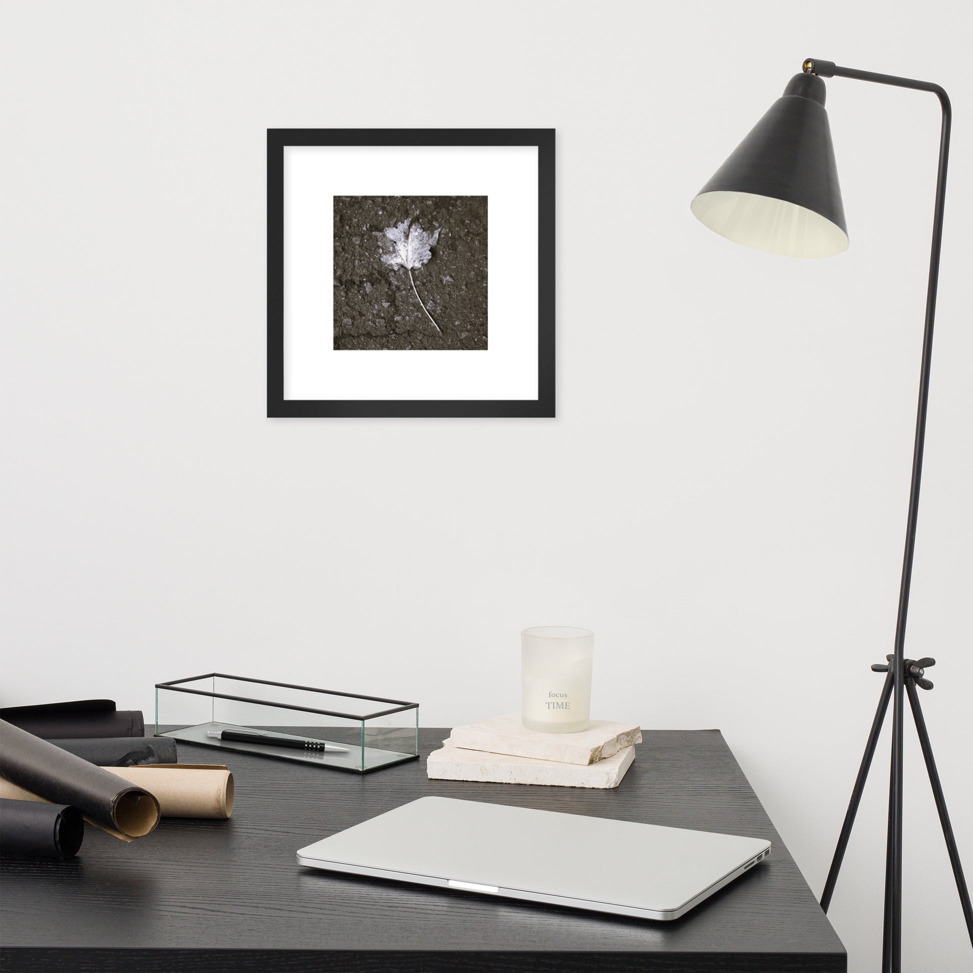 Maple Leaf Botanical B&W Art – Framed Matte Paper Poster, Black Frame, Front View