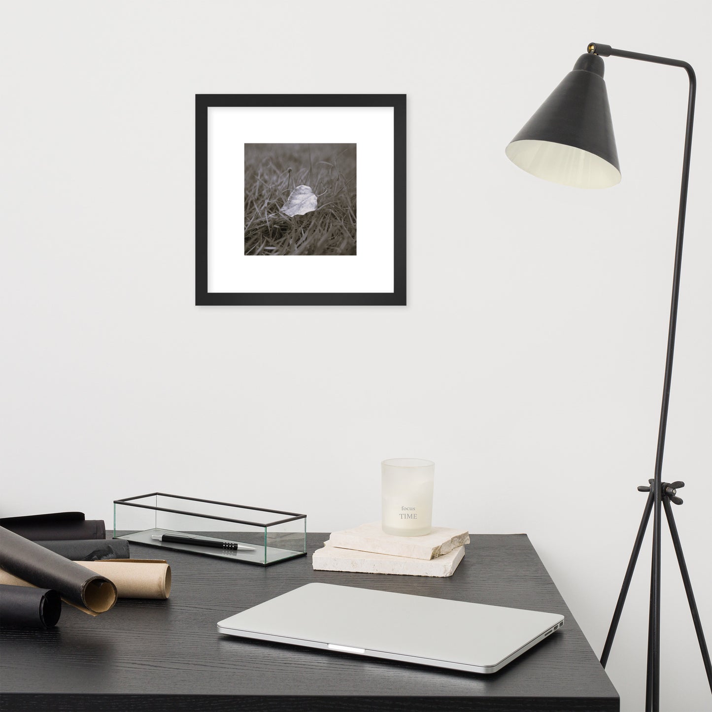 Yellow Fallen Leaf Botanical B&W Art – Framed Matte Paper Poster, Black Frame, Front View