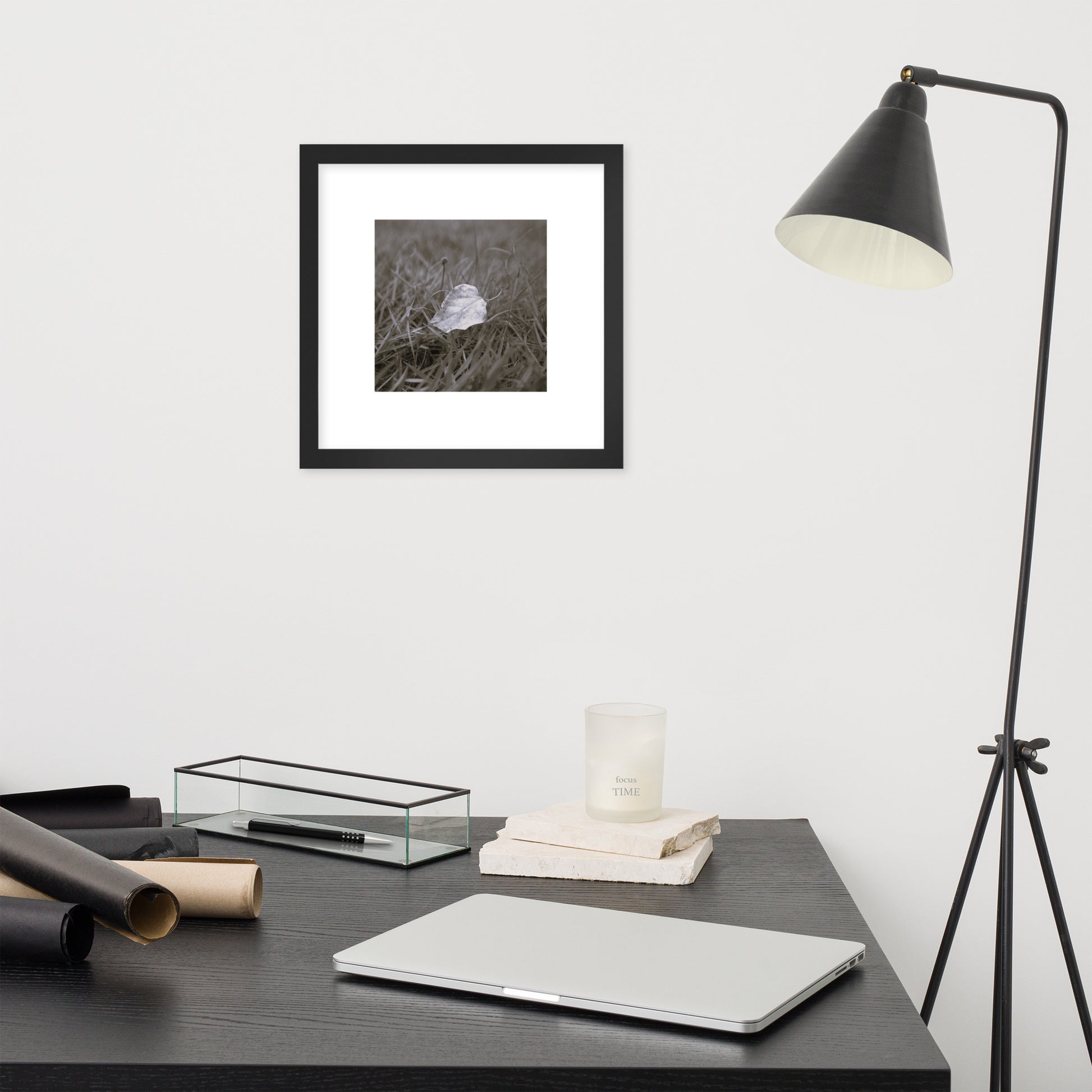Yellow Fallen Leaf Botanical B&W Art – Framed Matte Paper Poster, Black Frame, Front View