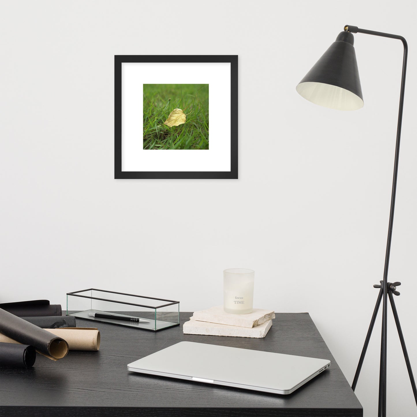 Yellow Fallen Leaf Botanical Art – Framed Matte Paper Poster, Black Frame, Front View