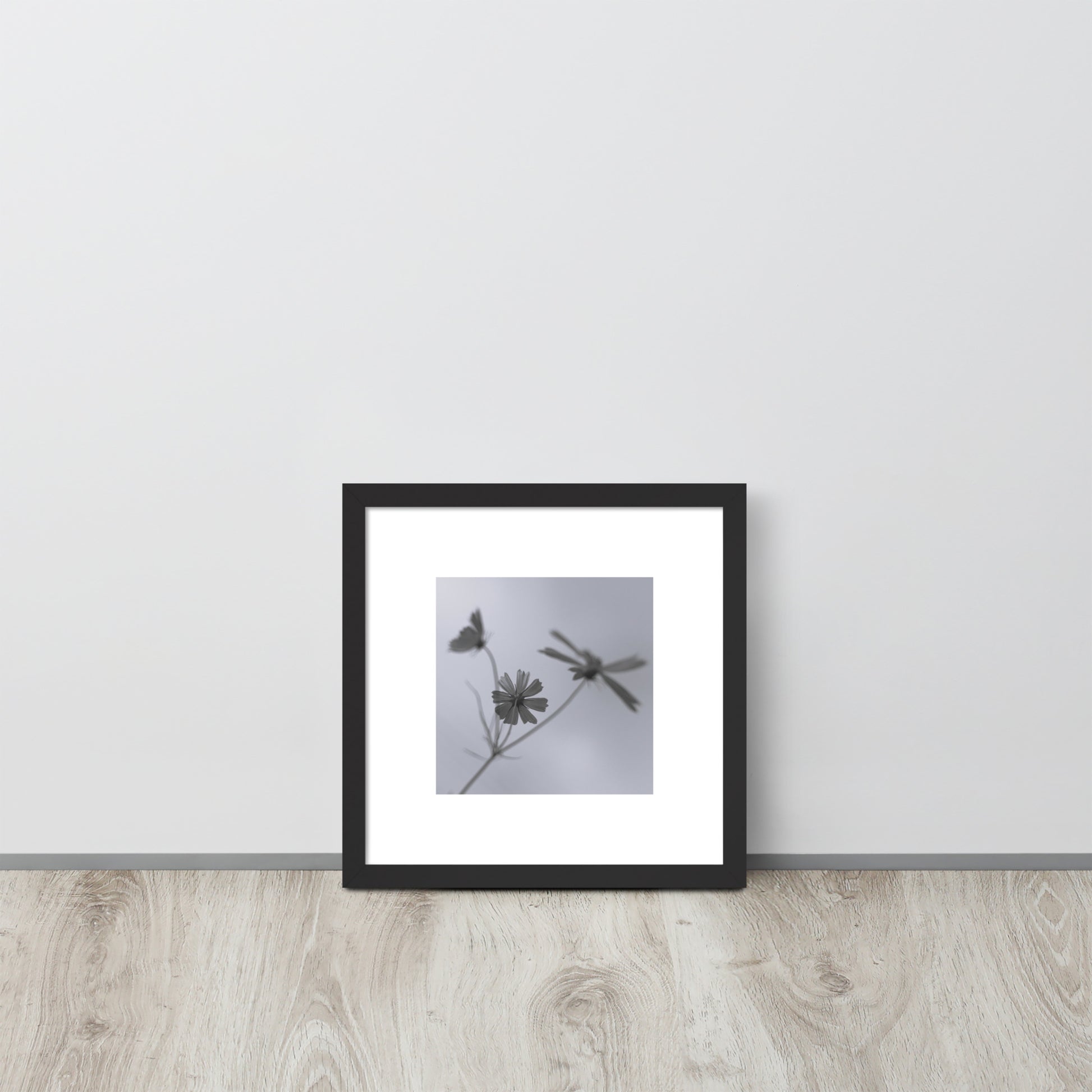 Three Cosmos Flowers Botanical B&W Art – Framed Matte Paper Poster, Black Frame, Front View