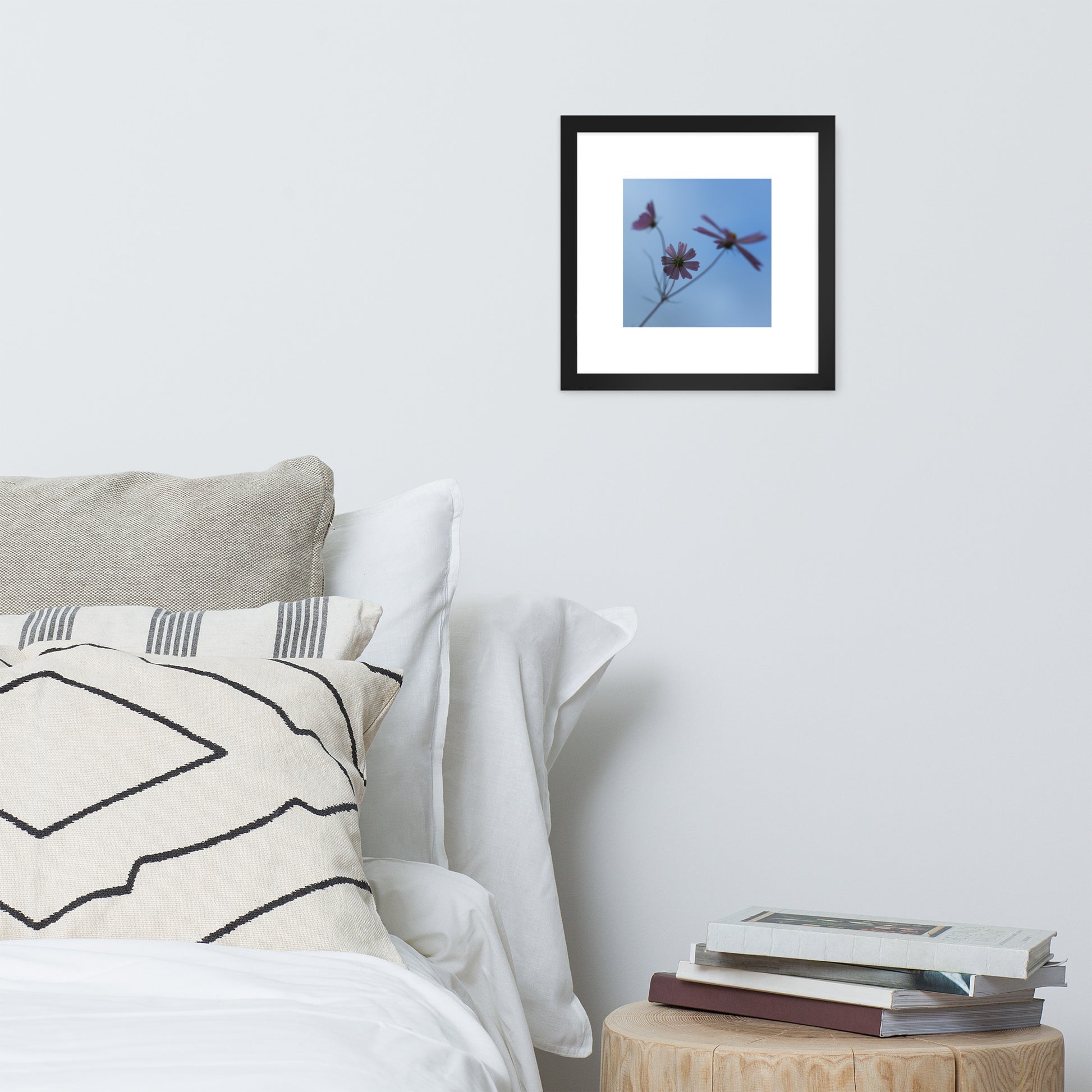 Three Cosmos Flowers Botanical Art – Framed Matte Paper Poster, Black Frame, Front View