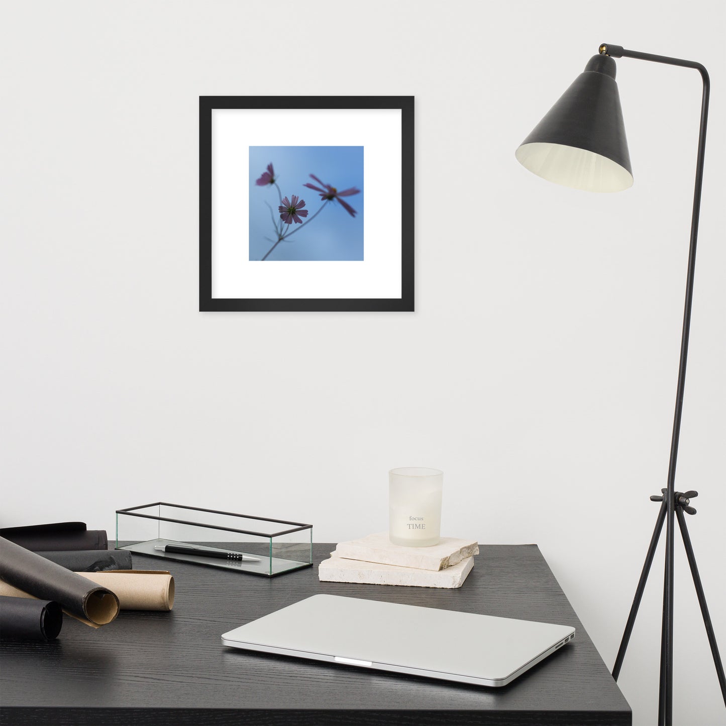 Three Cosmos Flowers Botanical Art – Framed Matte Paper Poster, Black Frame, Front View