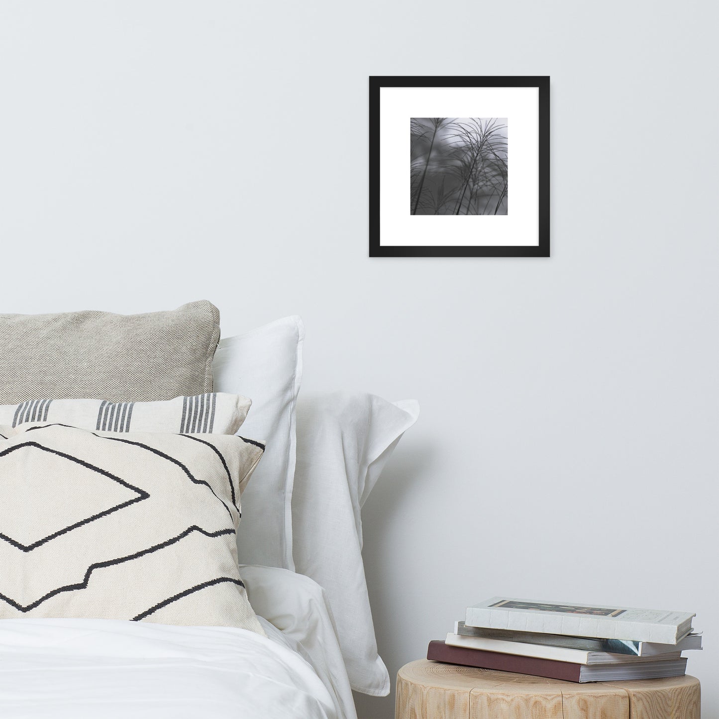 Silver Grass Cluster Botanical B&W Art – Framed Matte Paper Poster, Black Frame, Front View
