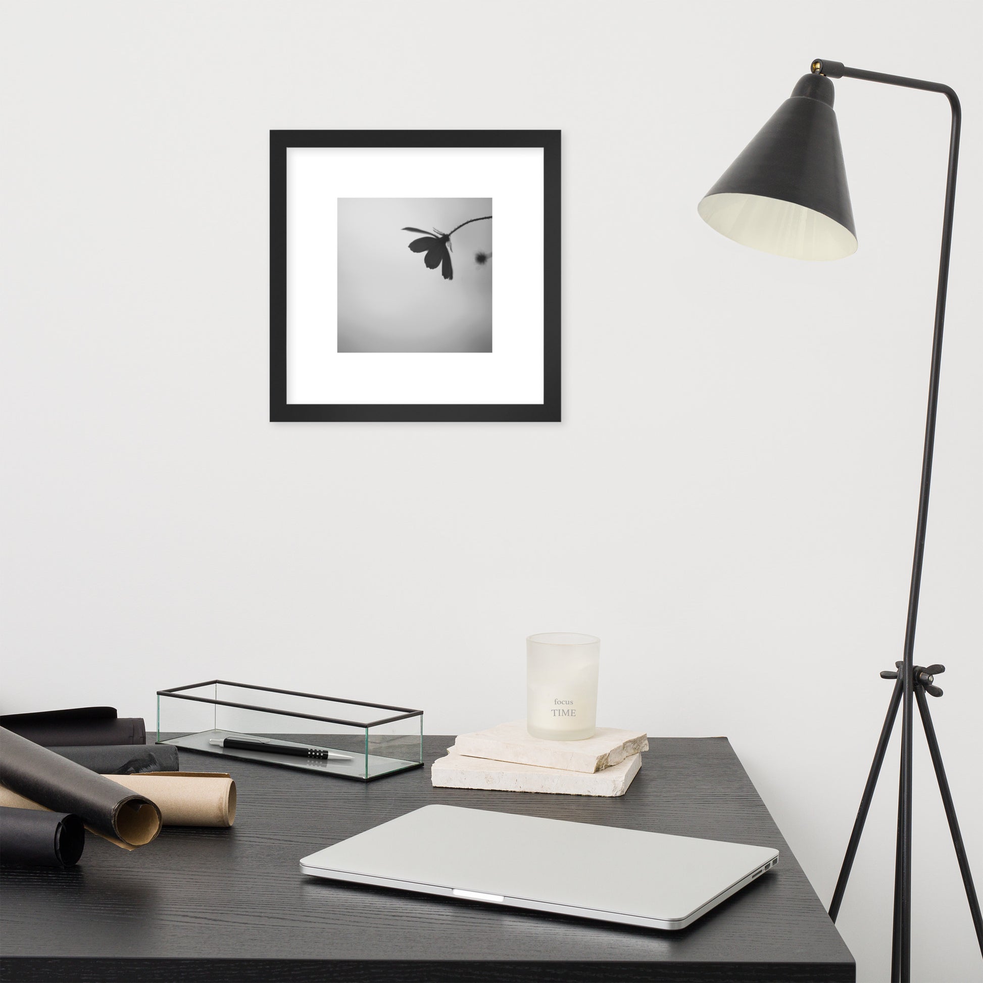 Cosmos Flower Botanical B&W Art – Framed Matte Paper Poster, Black Frame, Front View