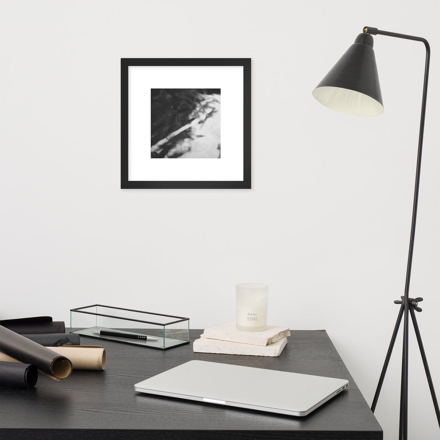 River Surface Botanical B&W Art – Framed Matte Paper Poster, Black Frame, Front View