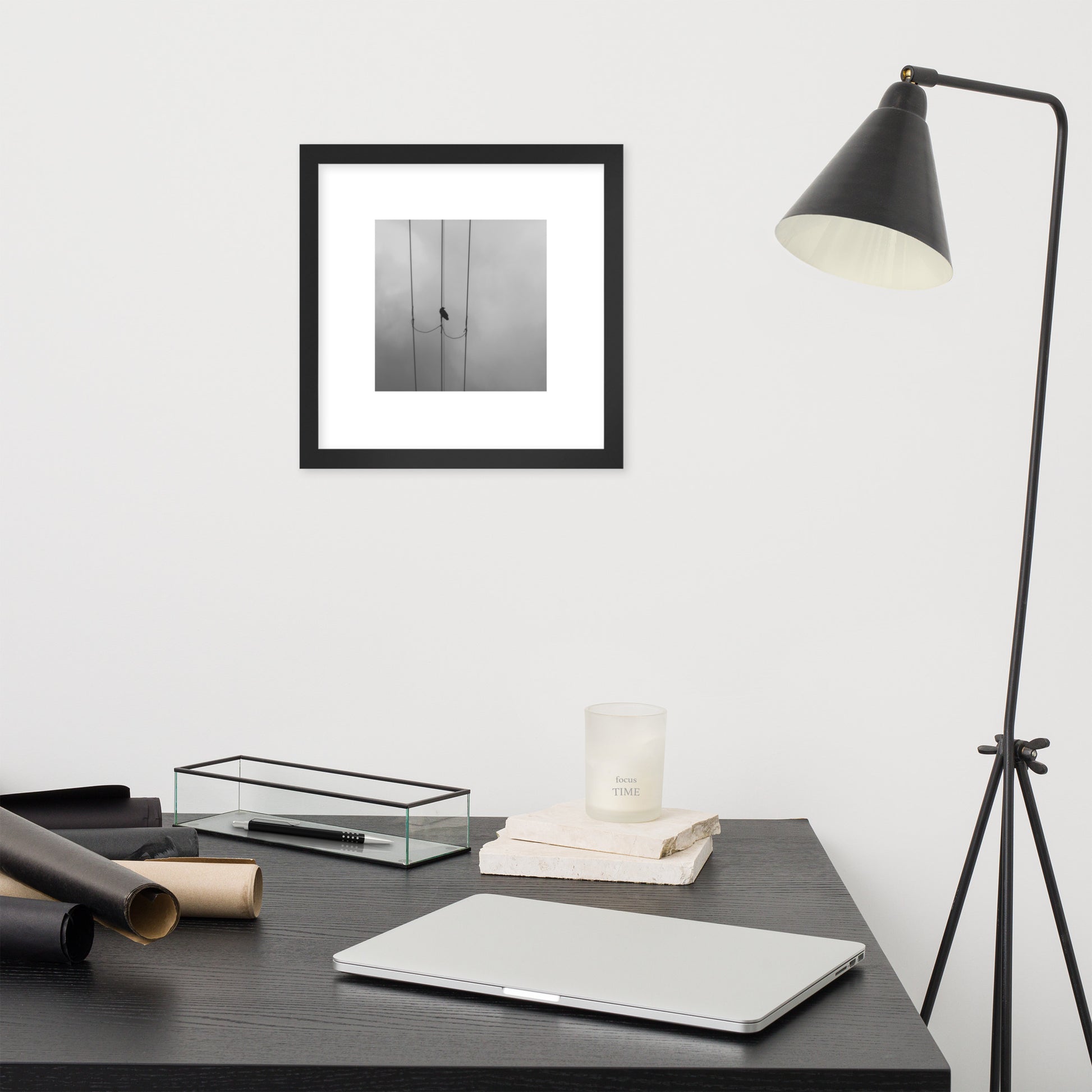 Crow and Power Lines B&W Art – Framed Matte Paper Poster, Black Frame, Front View