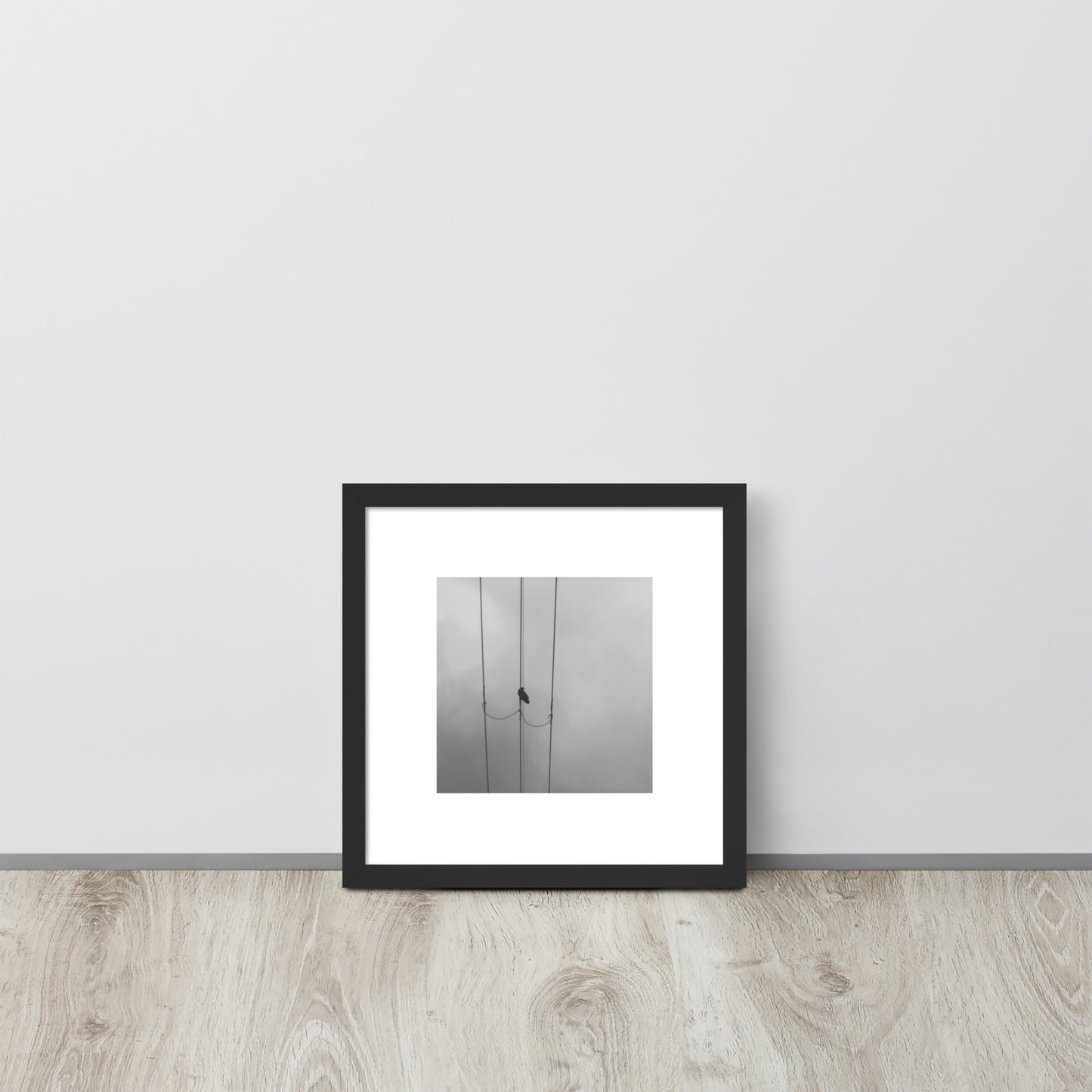 Crow and Power Lines B&W Art – Framed Matte Paper Poster, Black Frame, Front View