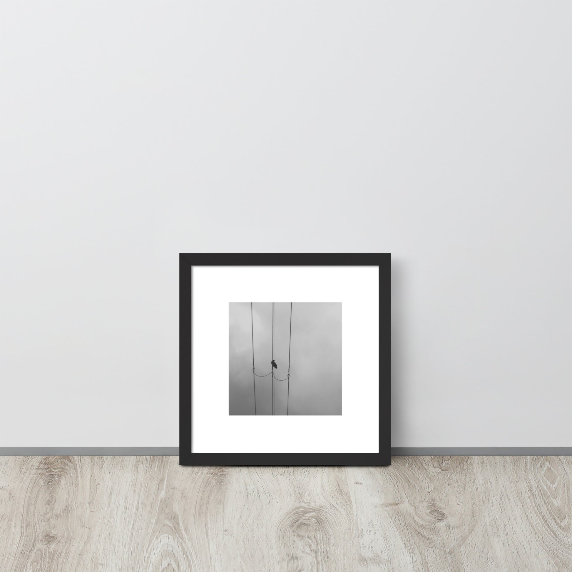 Crow and Power Lines B&W Art – Framed Matte Paper Poster, Black Frame, Front View