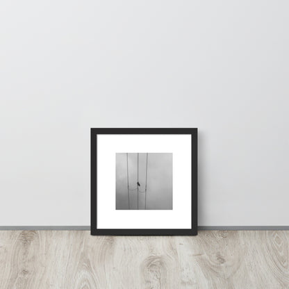 Crow and Power Lines B&W Art – Framed Matte Paper Poster, Black Frame, Front View