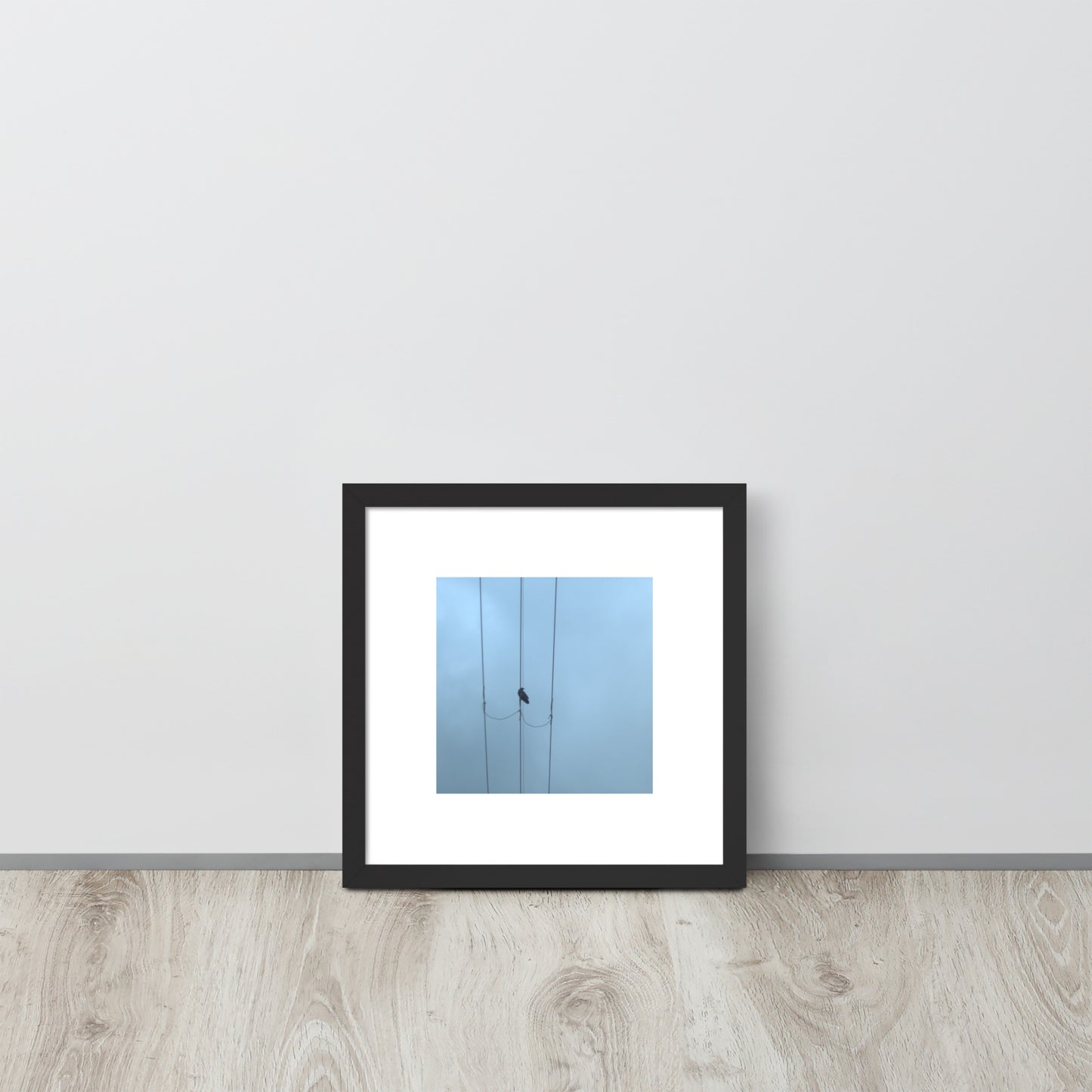 Crow and Power Lines Art – Framed Matte Paper Poster, Black Frame, Front View