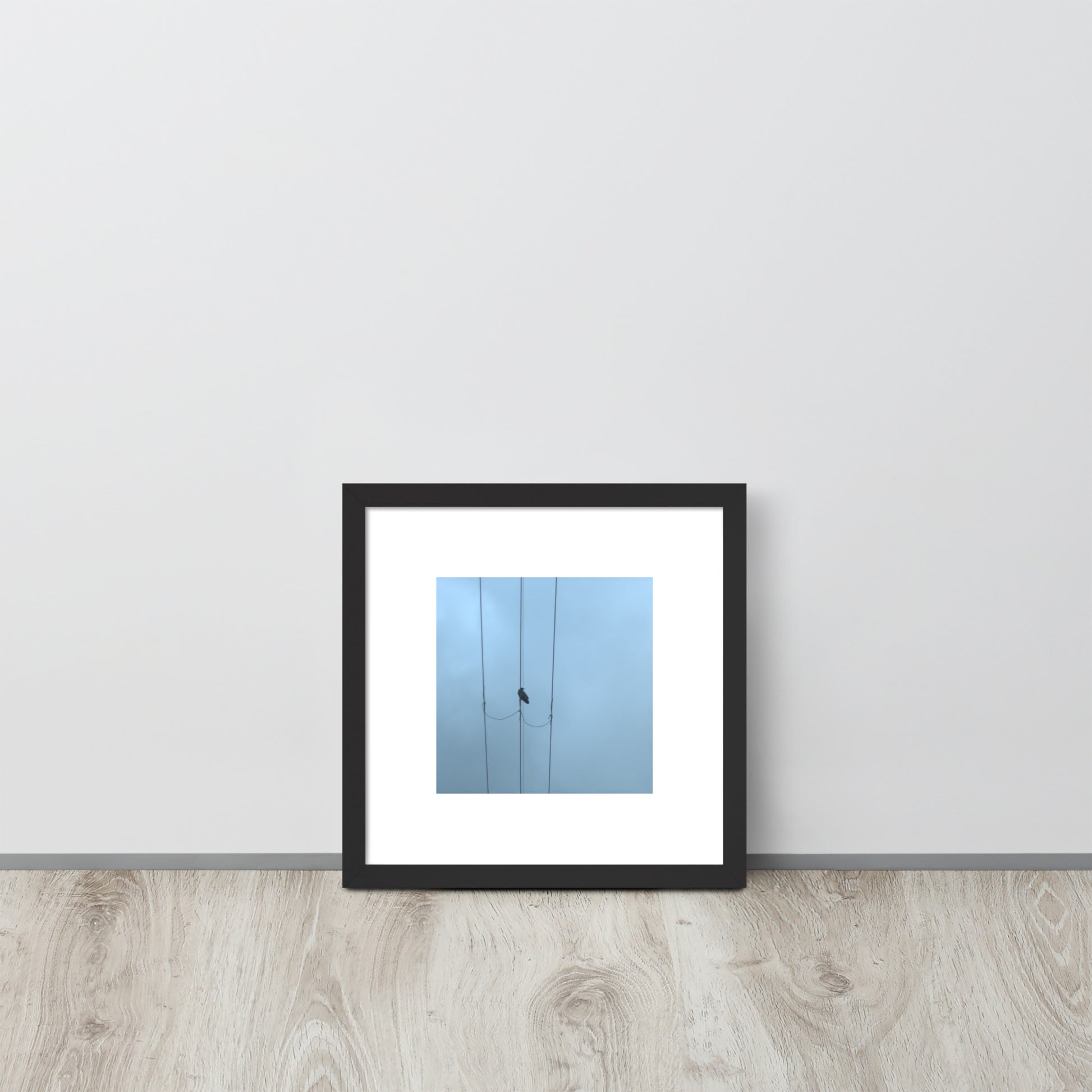 Crow and Power Lines Art – Framed Matte Paper Poster, Black Frame, Front View
