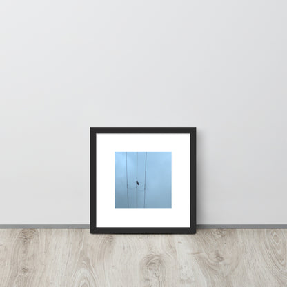 Crow and Power Lines Art – Framed Matte Paper Poster, Black Frame, Front View