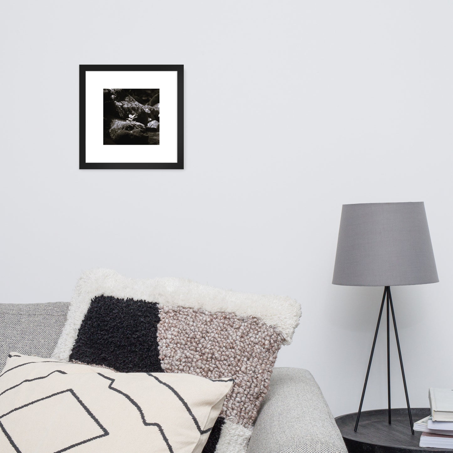 Plant on a Rock (B&W) Art – Framed Matte Paper Poster, Black Frame, Lifestyle View
