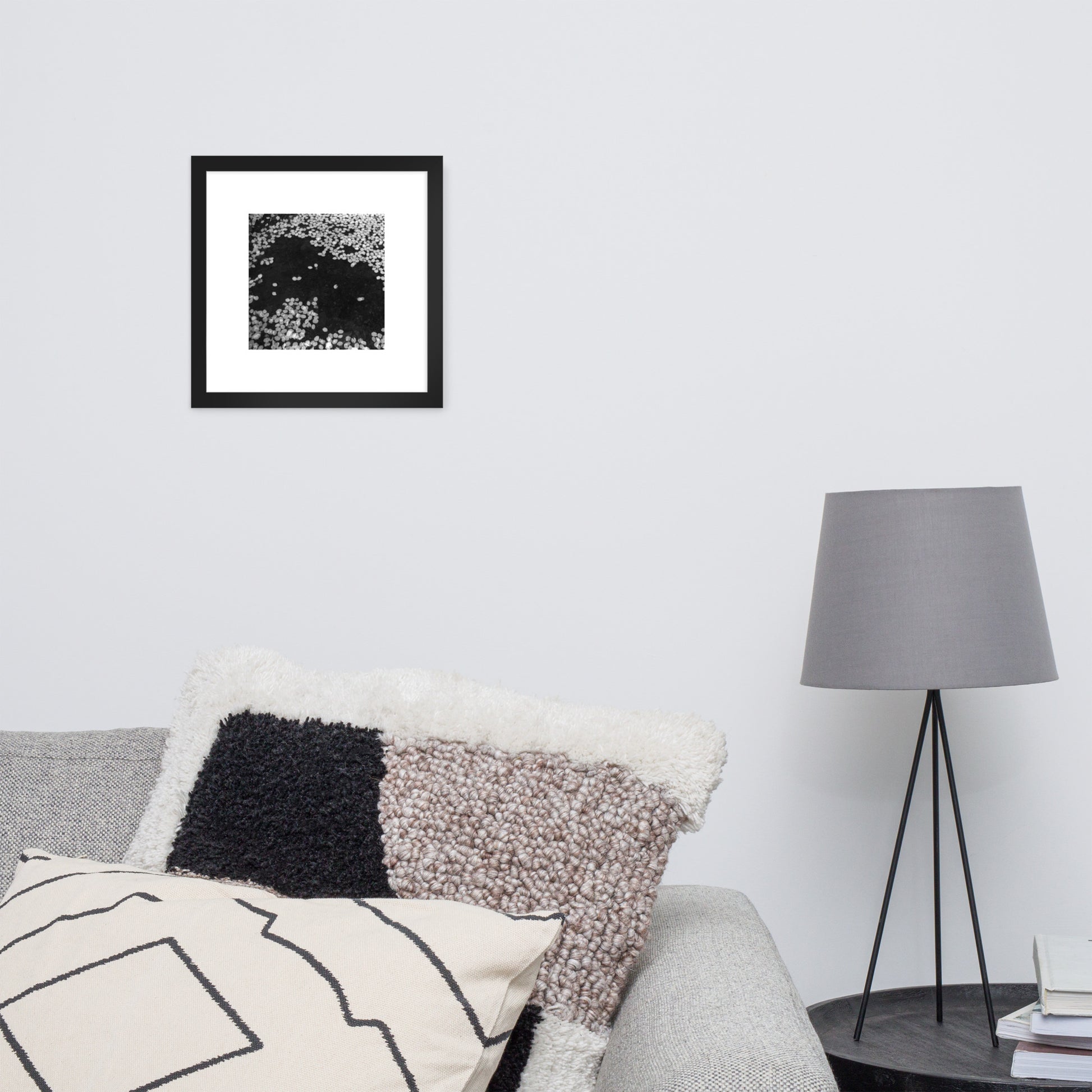 Cherry Blossoms (B&W) Art – Framed Matte Paper Poster, Black Frame, Lifestyle View