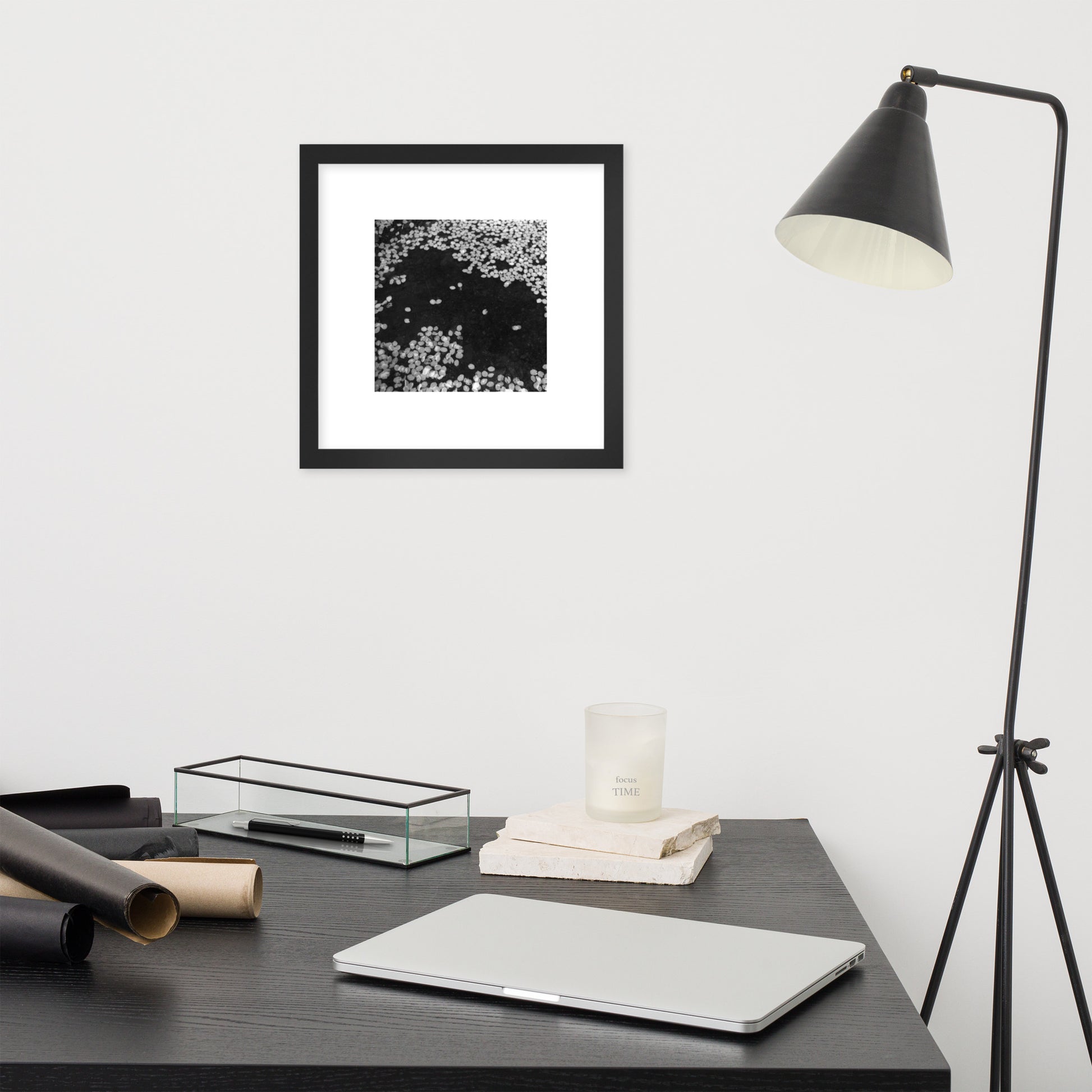 Cherry Blossoms (B&W) Art – Framed Matte Paper Poster, Black Frame, Lifestyle View