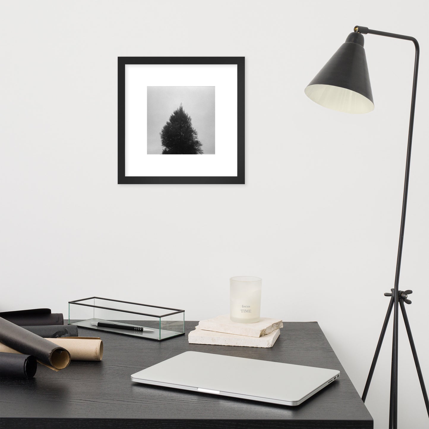 Fog and Trees (B&W) - Framed Matte Paper Poster, Black, Front View