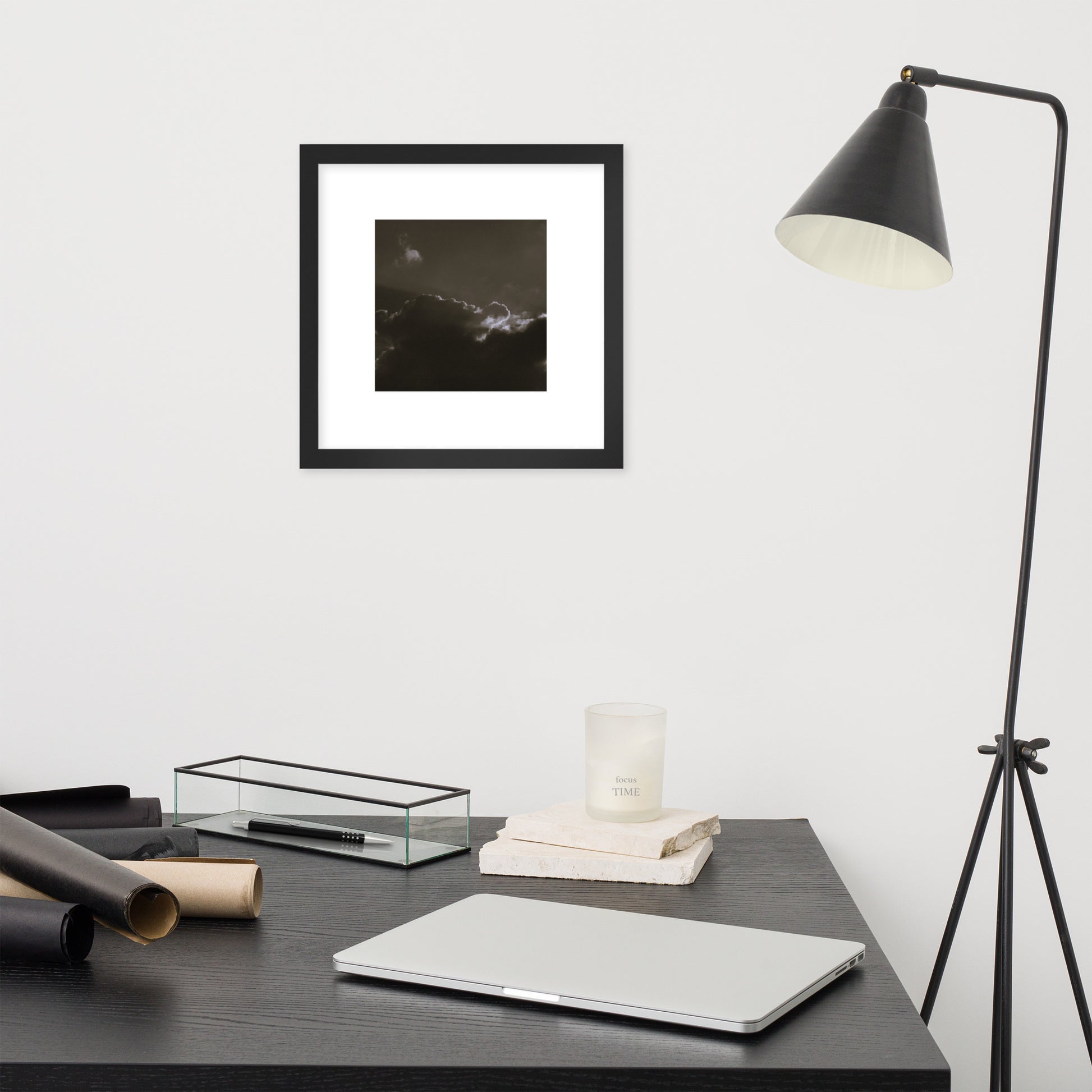 Light Rays through Clouds (B&W) - Framed Matte Paper Poster, Black, Front View
