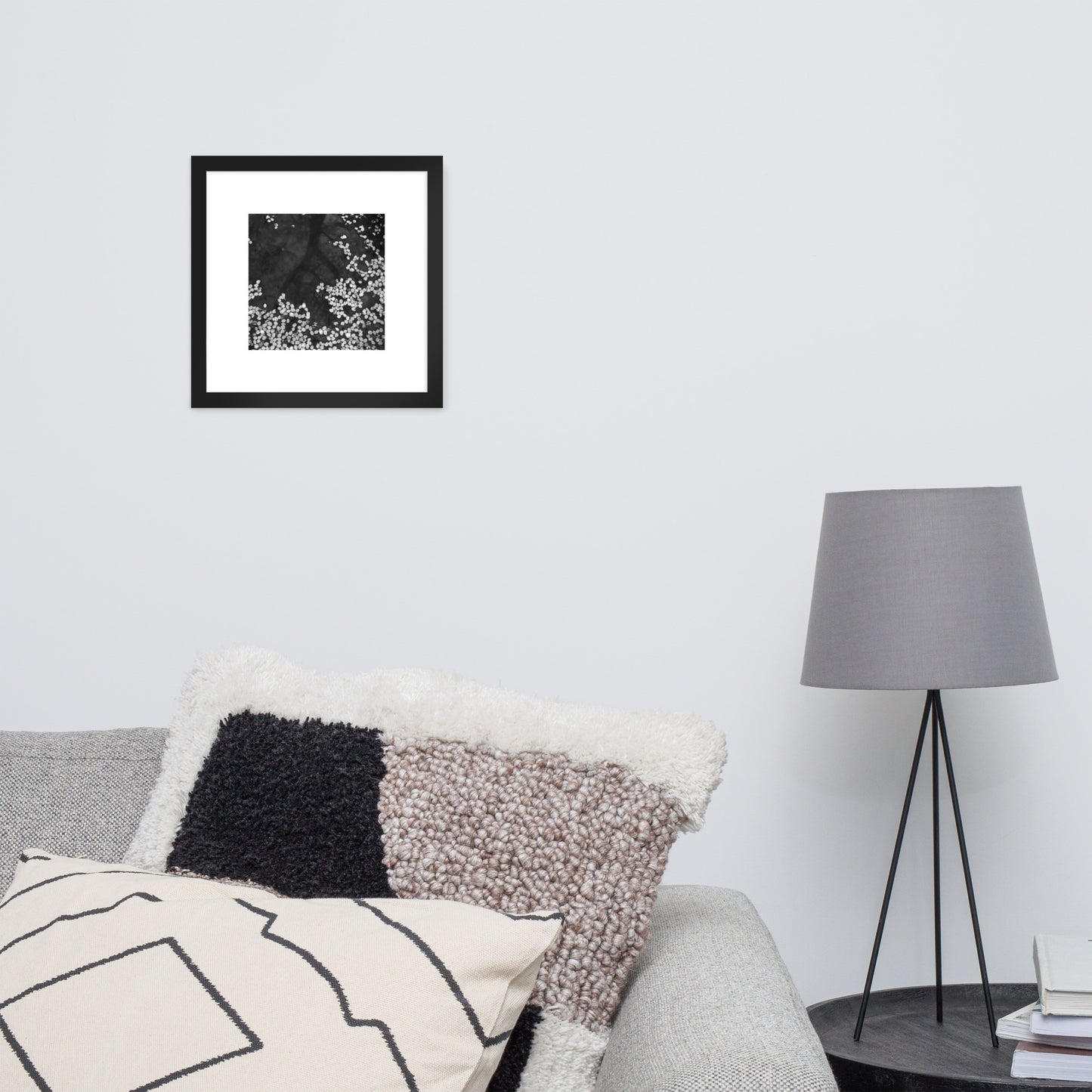 Cherry Blossom Petals on Water Surface (B&W) - Framed Matte Paper Poster, Black Frame, Front View