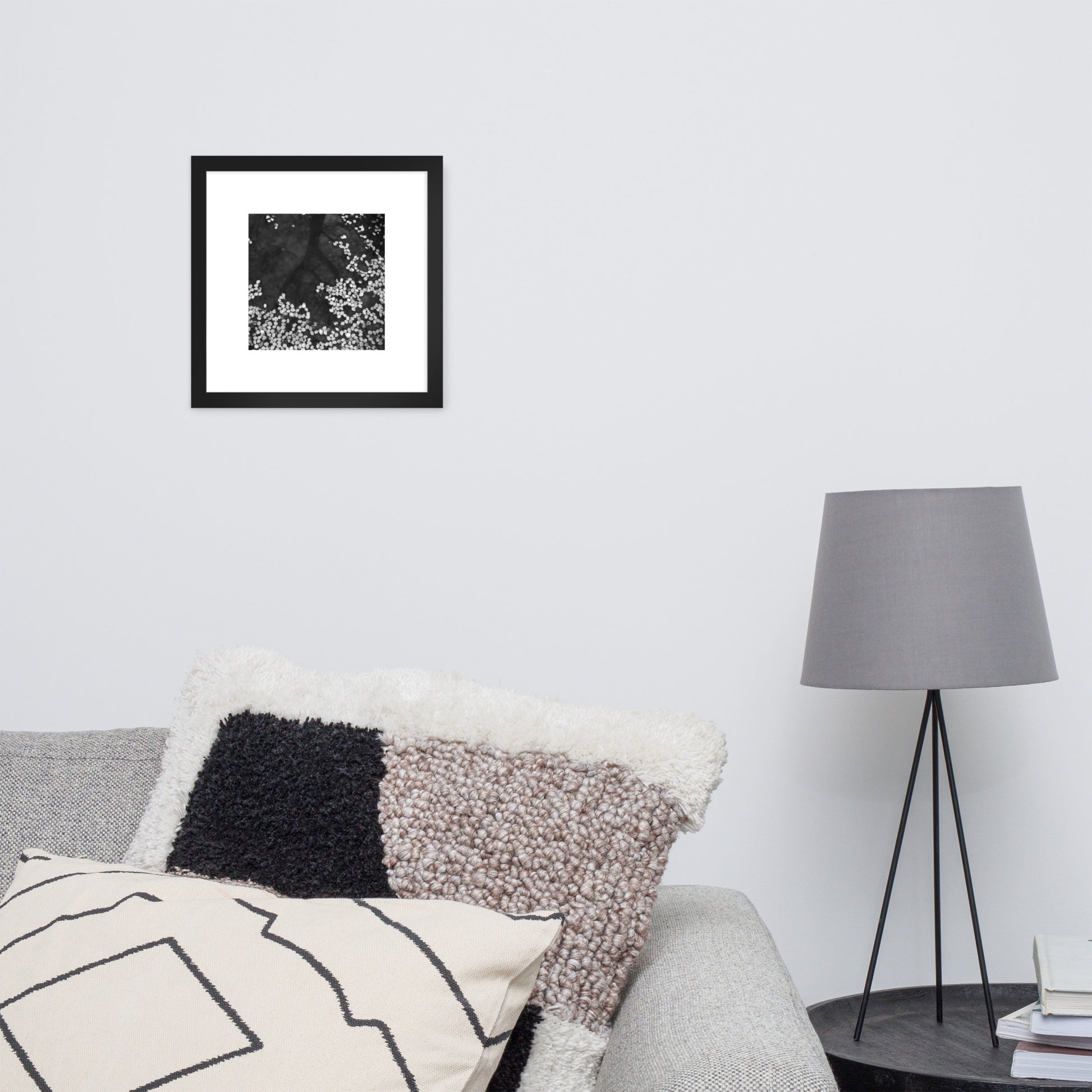 Cherry Blossom Petals on Water Surface (B&W) - Framed Matte Paper Poster, Black Frame, Front View