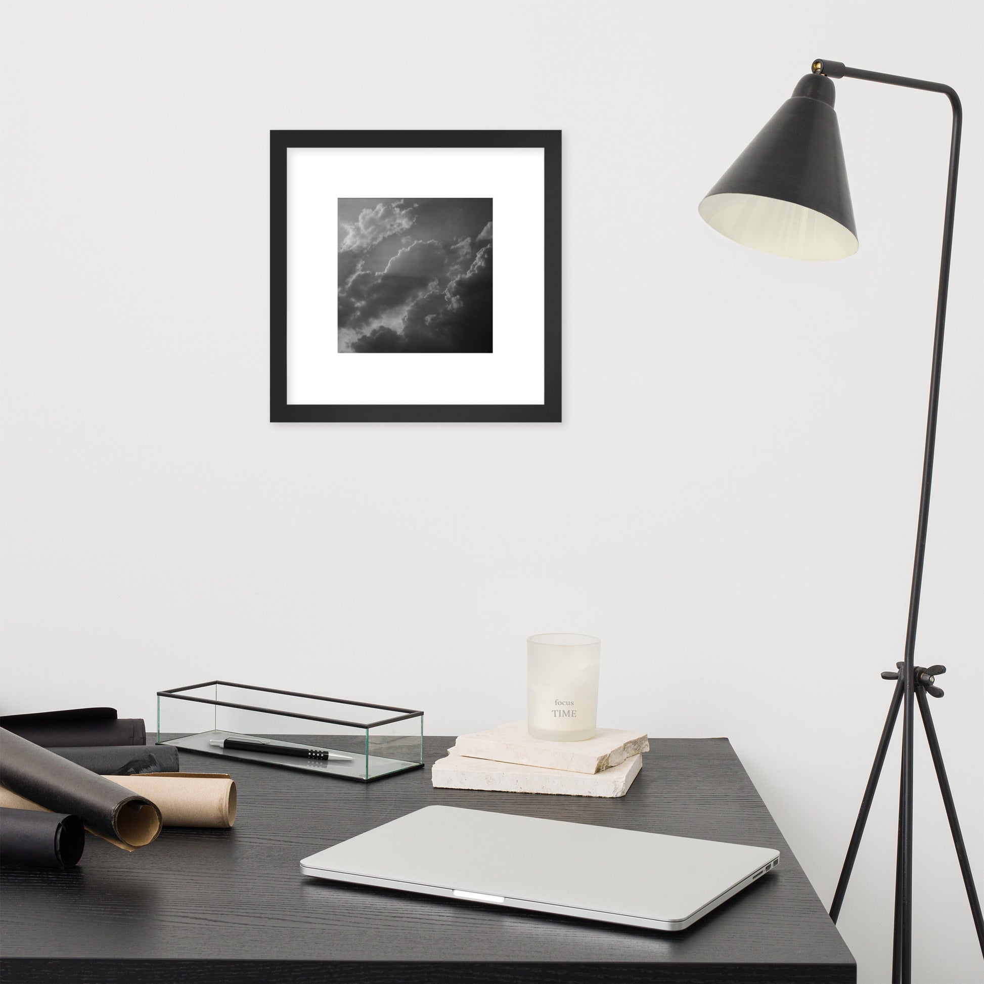 Light Rays through Clouds (B&W) - Framed Matte Paper Poster Black