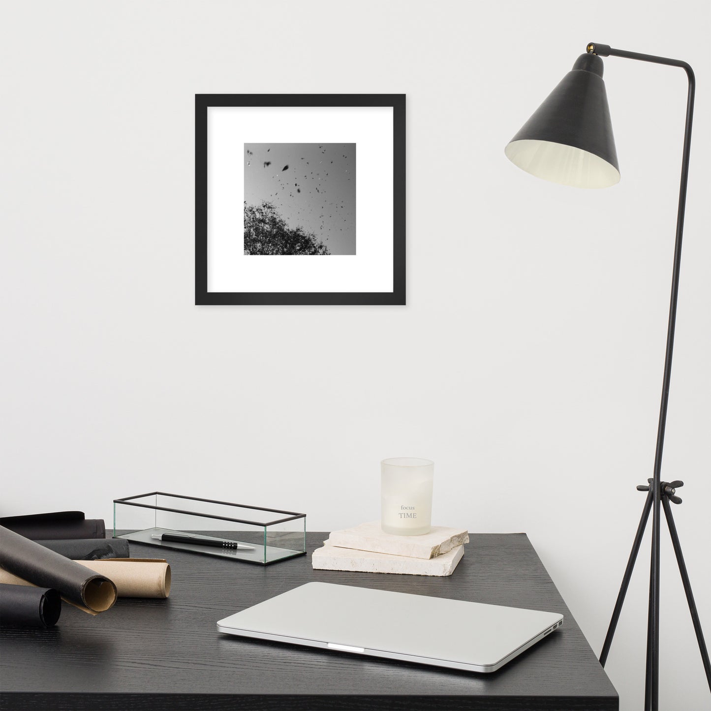 Leaves Dancing in Wind (B&W) - Framed Matte Paper Poster Black