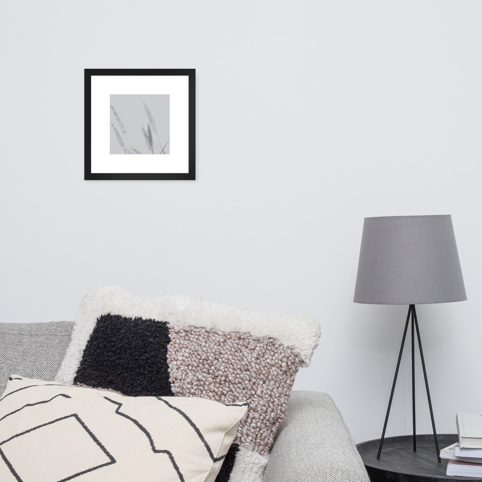 Minimalist mode style framed matte paper poster with a 'Foxtail Grass' print and a black frame / モードストリート系フレーム付きポスター（ブラックフレーム）、「Foxtail Grass（エノコログサ）」のプリント（壁掛けアート）