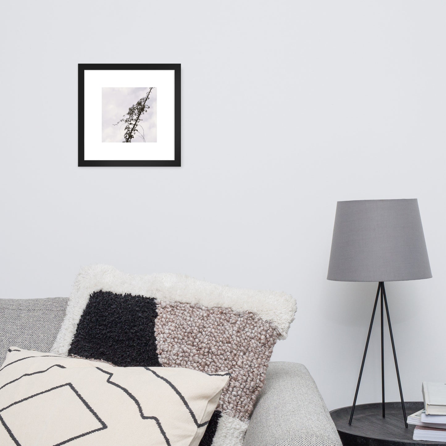 Minimalist mode style framed matte paper poster with a 'Vines Entangled on a Utility Pole' black and white photo print and a black frame / モードストリート系フレーム付きポスター（ブラックフレーム）、「電柱に絡まるツル」のモノクロ写真プリント（壁掛けアート）