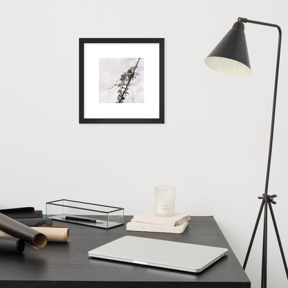 Minimalist mode style framed matte paper poster with a 'Vines Entangled on a Utility Pole' black and white photo print and a black frame / モードストリート系フレーム付きポスター（ブラックフレーム）、「電柱に絡まるツル」のモノクロ写真プリント（壁掛けアート）