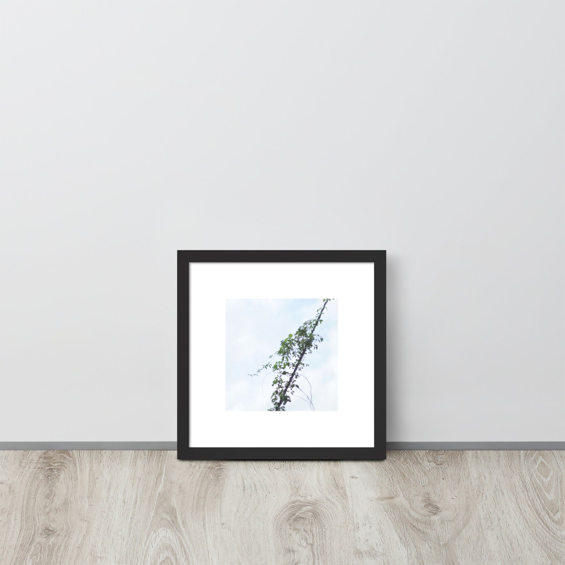Minimalist mode style framed matte paper poster with a 'Vines Entangled on a Utility Pole' photo print and a black frame / モードストリート系フレーム付きポスター（ブラックフレーム）、「電柱に絡まるツル」の写真プリント（壁掛けアート）