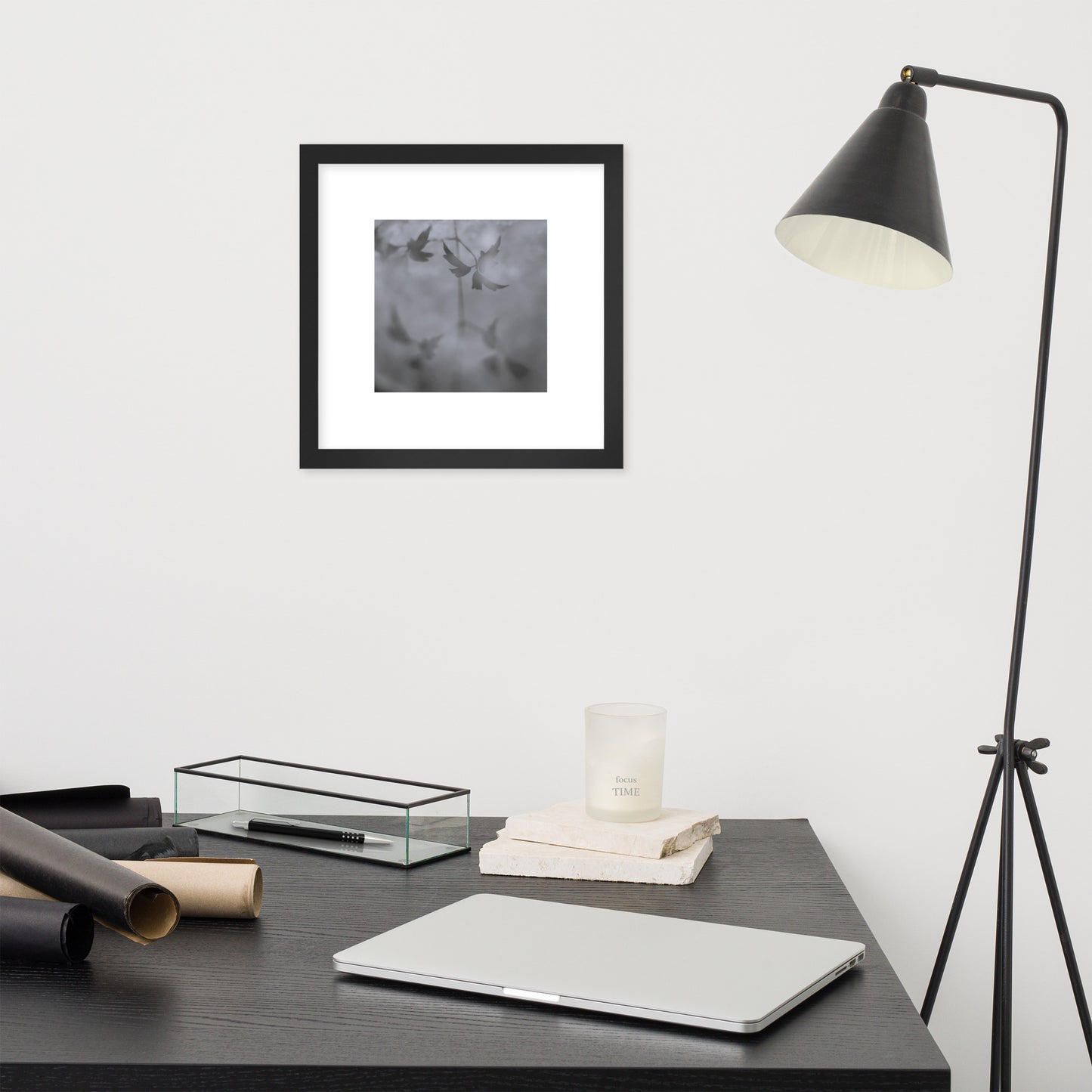 Minimalist mode style framed matte paper poster with a 'Water Surface & Leaves' black and white photo print and black frame / モードストリート系フレーム付きマット紙ポスター、「水面と葉」のモノクロ写真プリント（ブラックフレーム）