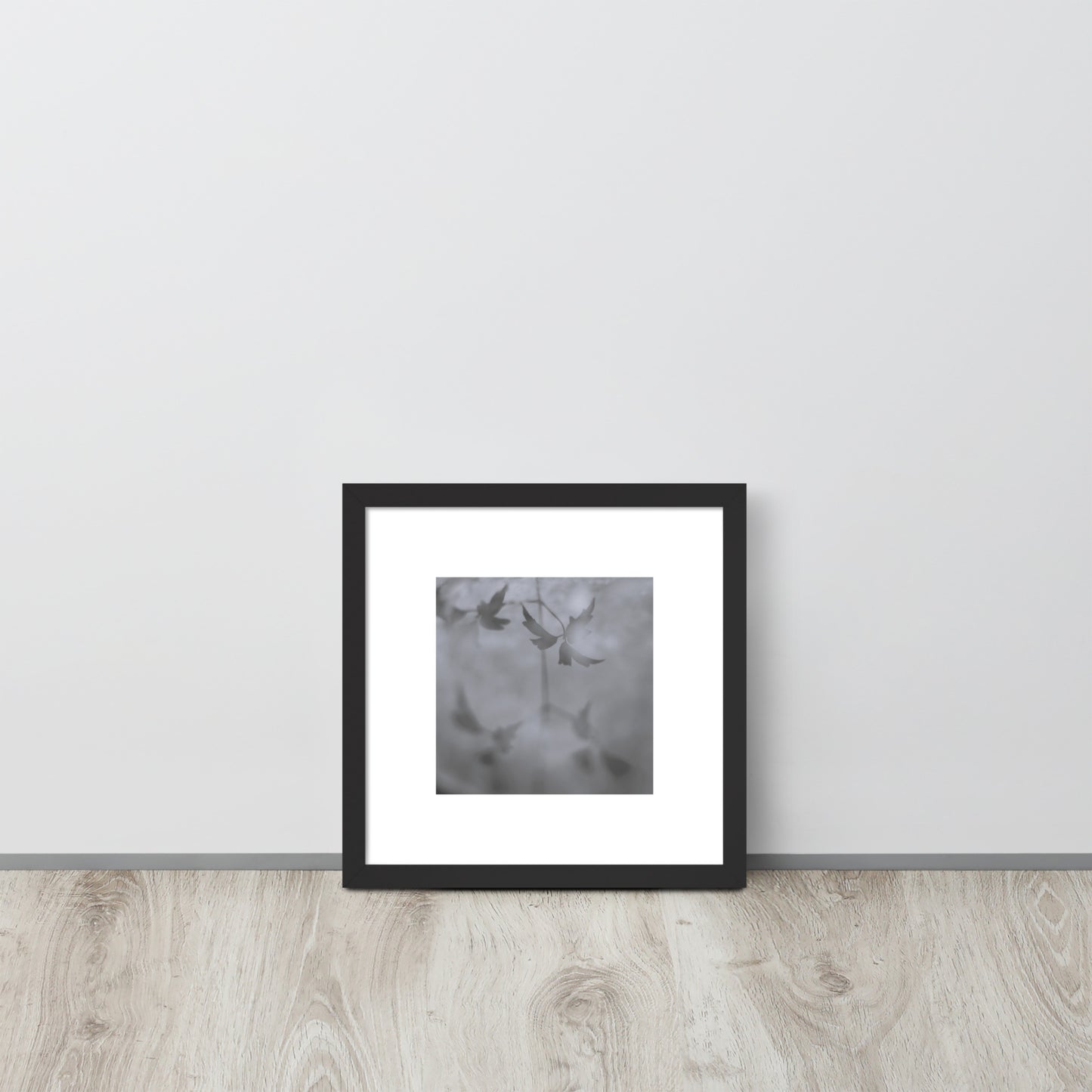 Minimalist mode style framed matte paper poster with a 'Water Surface & Leaves' black and white photo print and black frame / モードストリート系フレーム付きマット紙ポスター、「水面と葉」のモノクロ写真プリント（ブラックフレーム）
