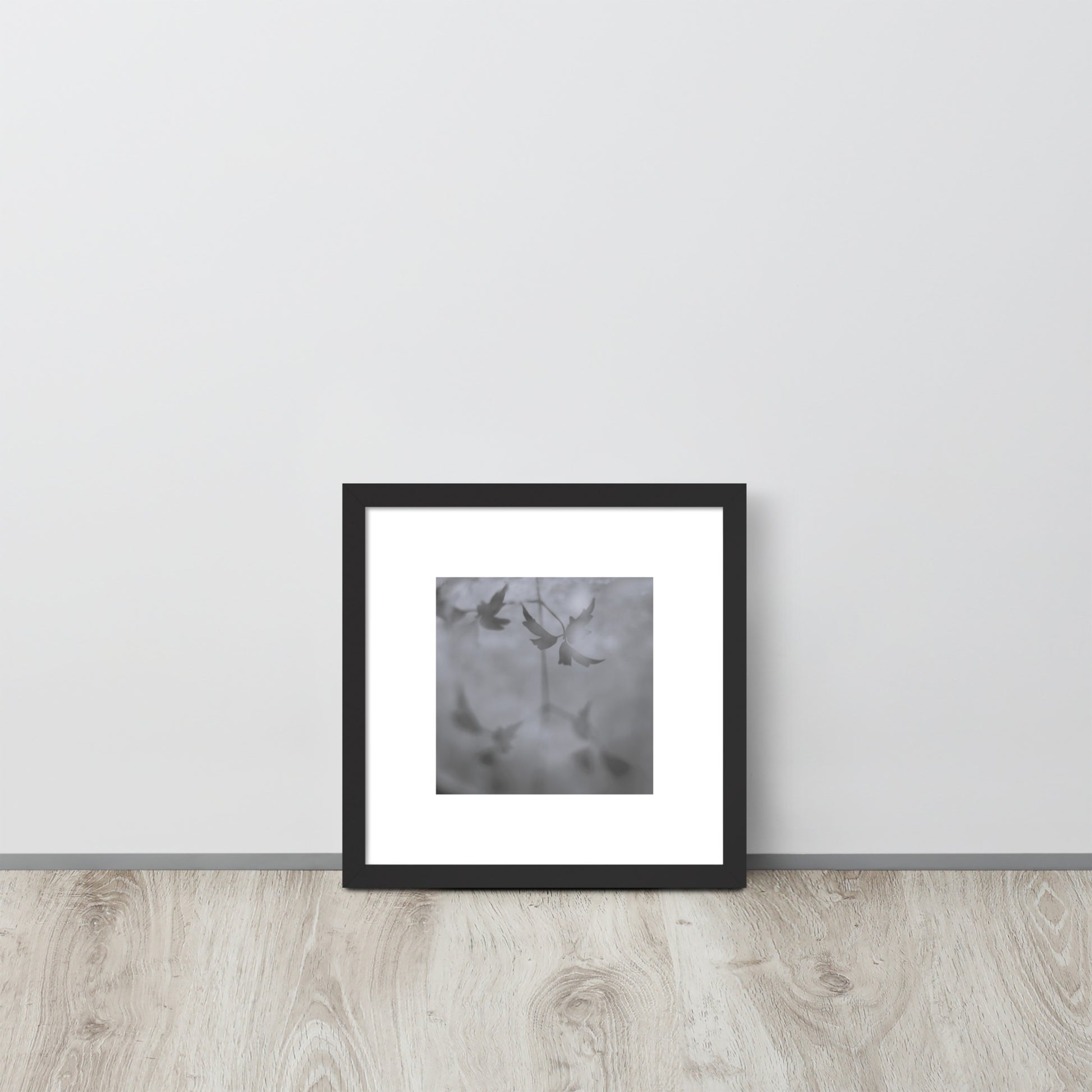 Minimalist mode style framed matte paper poster with a 'Water Surface & Leaves' black and white photo print and black frame / モードストリート系フレーム付きマット紙ポスター、「水面と葉」のモノクロ写真プリント（ブラックフレーム）