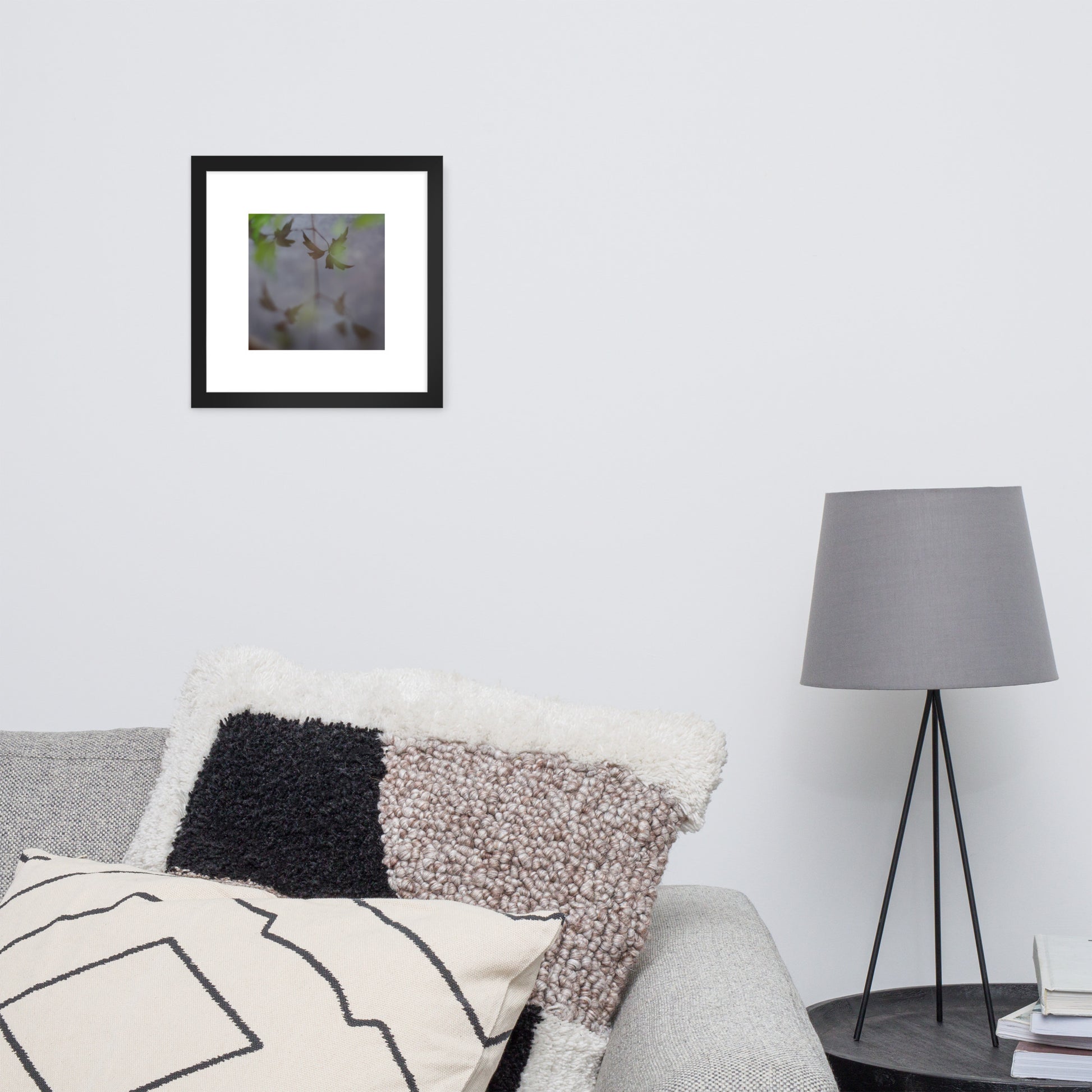 Minimalist mode style framed matte paper poster with a 'Water Surface & Leaves' art print and black frame / モードストリート系フレーム付きマット紙ポスター、「水面と葉」のアートプリント（ブラックフレーム）