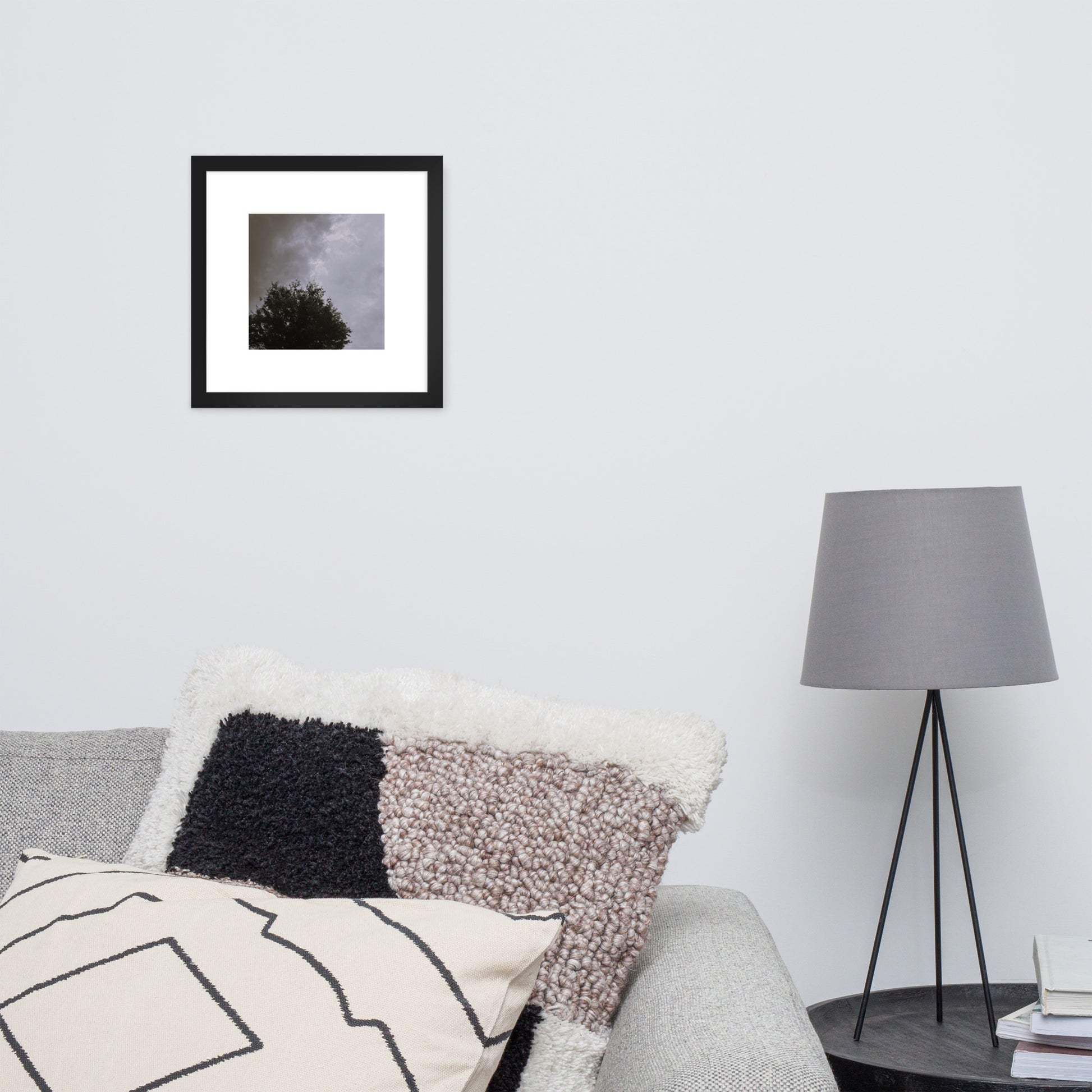 Minimalist mode style framed matte paper poster with a 'Clouds & Tree' black and white photo print and black frame / モードストリート系フレーム付きマット紙ポスター、「Clouds & Tree（雲と木）」のモノクロ写真プリント（ブラックフレーム）