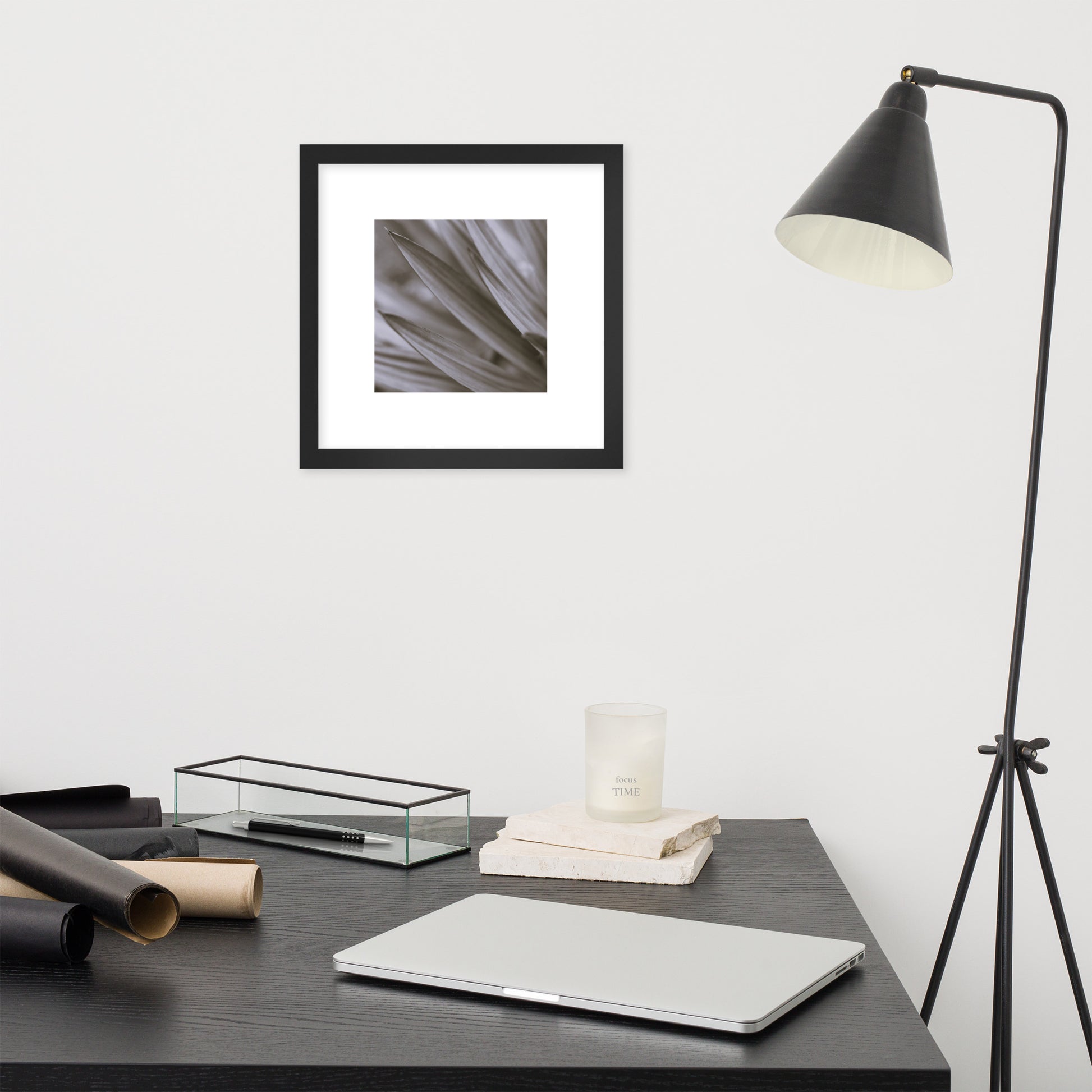 Minimalist style premium wall art featuring a black and white photograph of a Yucca plant, displayed in a sleek matte black frame. A sophisticated piece of botanical home decor, perfect for modern interior design. / モードストリート系インテリアに最適なユッカ植物のモノクロ写真アートポスター。マットブラックフレーム付きのミニマリスト・デザイン。