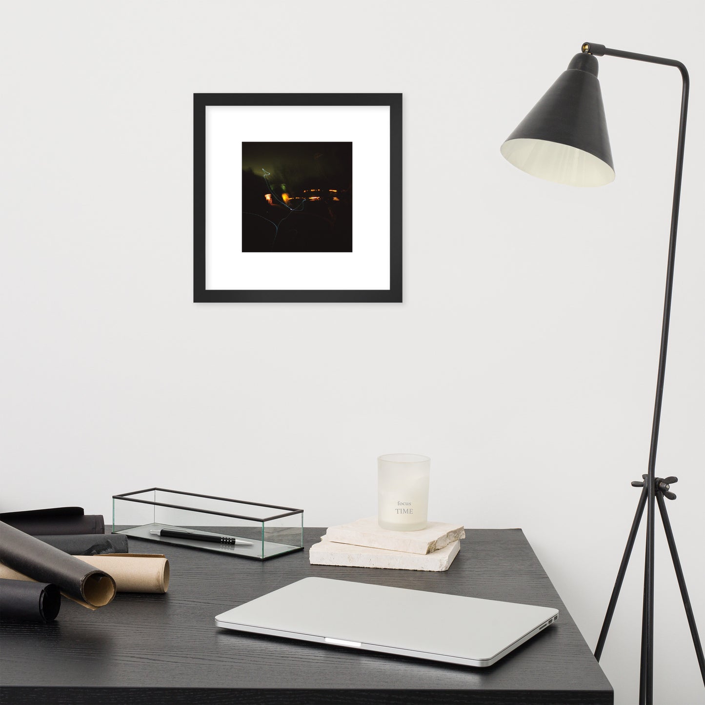 Minimalist streetwear style framed wall art in matte black, featuring a 'Night Light' photograph. / Night Light 額装ポスター（ブラックフレーム）：夜の光の幻想的な風景を捉えた写真。モードストリート系ミニマリスト・インテリアアート。