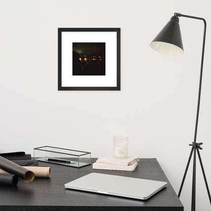 Minimalist streetwear style framed wall art in matte black, featuring a 'Night Light' photograph. / Night Light 額装ポスター（ブラックフレーム）：夜の光の幻想的な風景を捉えた写真。モードストリート系ミニマリスト・インテリアアート。