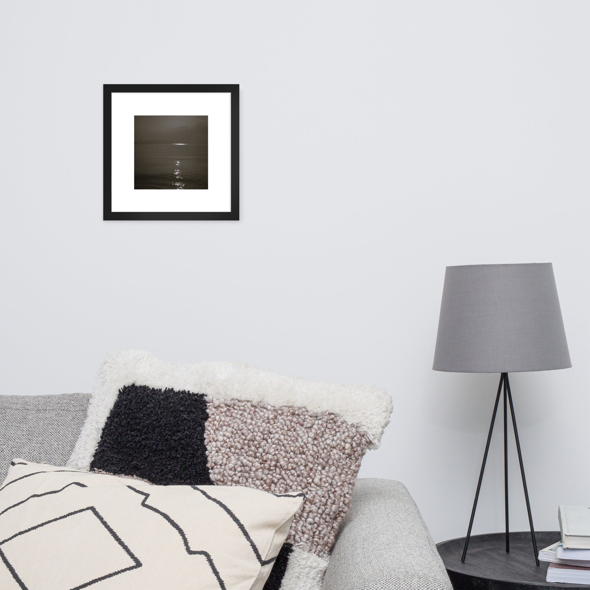 Minimalist streetwear style framed matte paper poster in black frame featuring the 'Sea and Sunshine (B&W)' photo art. / モードストリート系フレーム付きマットペーパーポスター（ブラックフレーム）：「海と太陽（モノクロ）」のフォトアートを配したデザイン。