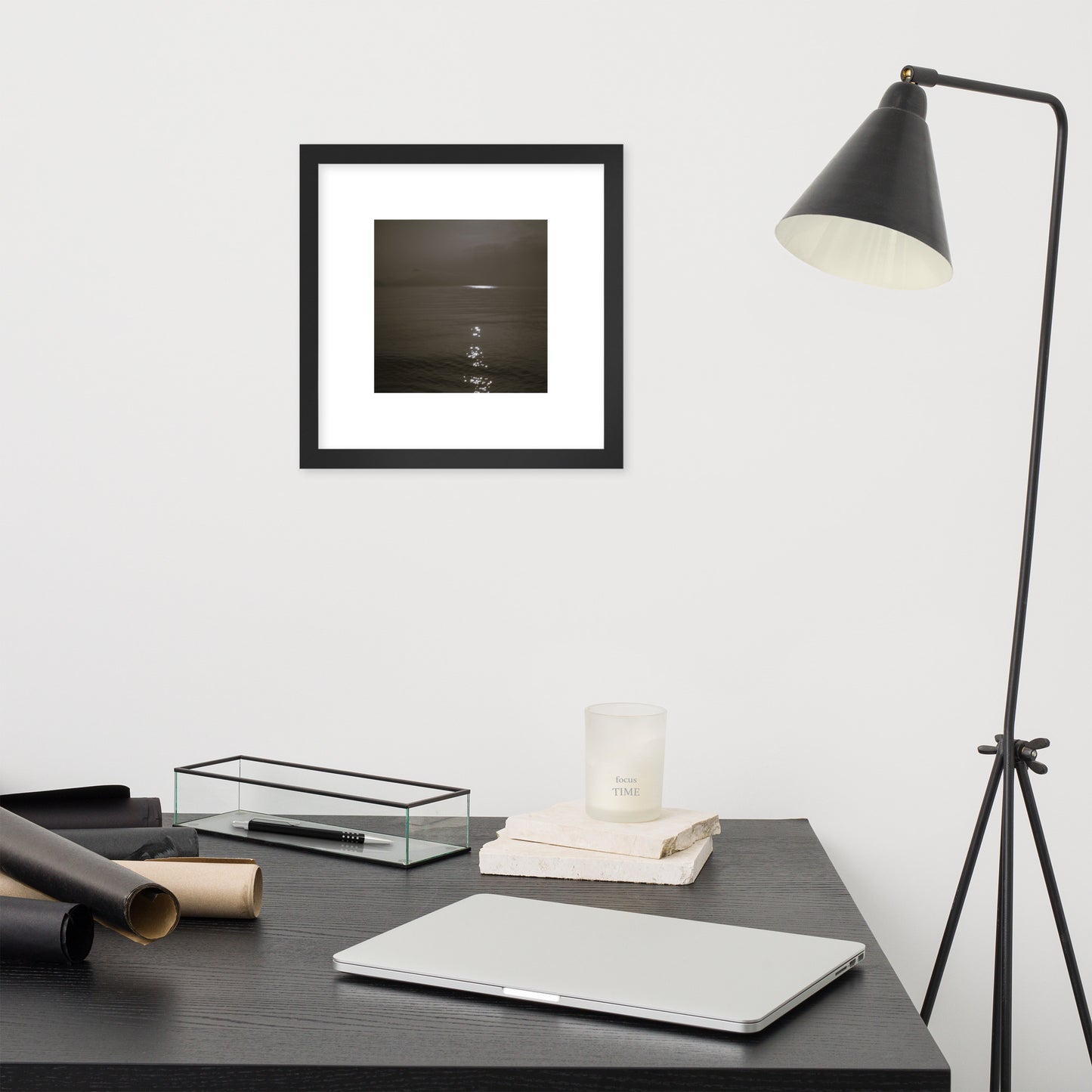 Minimalist streetwear style framed matte paper poster in black frame featuring the 'Sea and Sunshine (B&W)' photo art. / モードストリート系フレーム付きマットペーパーポスター（ブラックフレーム）：「海と太陽（モノクロ）」のフォトアートを配したデザイン。