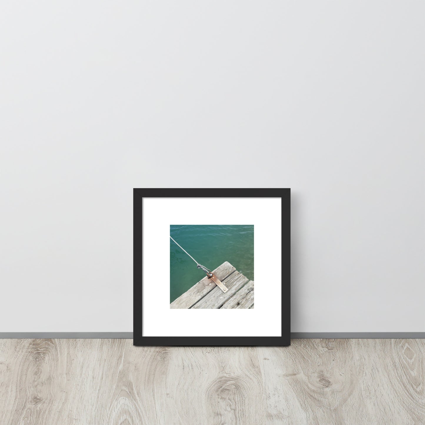 Minimalist art framed matte paper poster in black frame featuring the 'Sea, Pier and Rope' photo art. / フレーム付きマットペーパーポスター（ブラックフレーム）：「海、桟橋、ロープ」のフォトアートを配したミニマリストデザイン。
