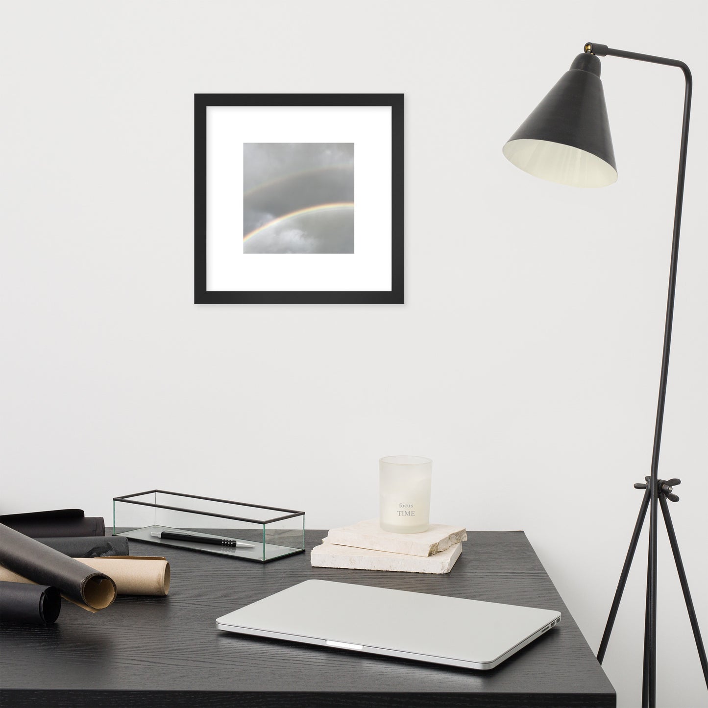 Minimalist art framed matte paper poster in black frame featuring the 'Double Rainbow' photo art. / フレーム付きマットペーパーポスター（ブラックフレーム）：「ダブルレインボー」のフォトアートを配したミニマリストデザイン。