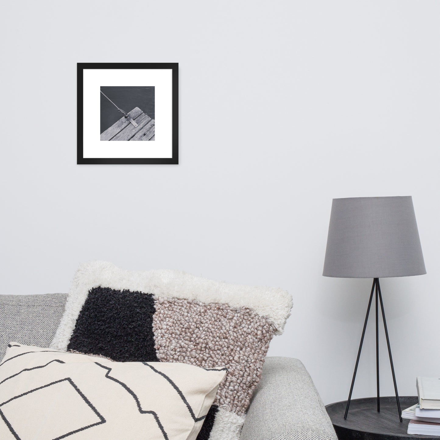 Minimalist art framed matte paper poster in black frame featuring the 'Ocean Pier (B&W)' photo art. / フレーム付きマットペーパーポスター（ブラックフレーム）：「海の桟橋 (モノクロ)」のフォトアートを配したミニマリストデザイン。