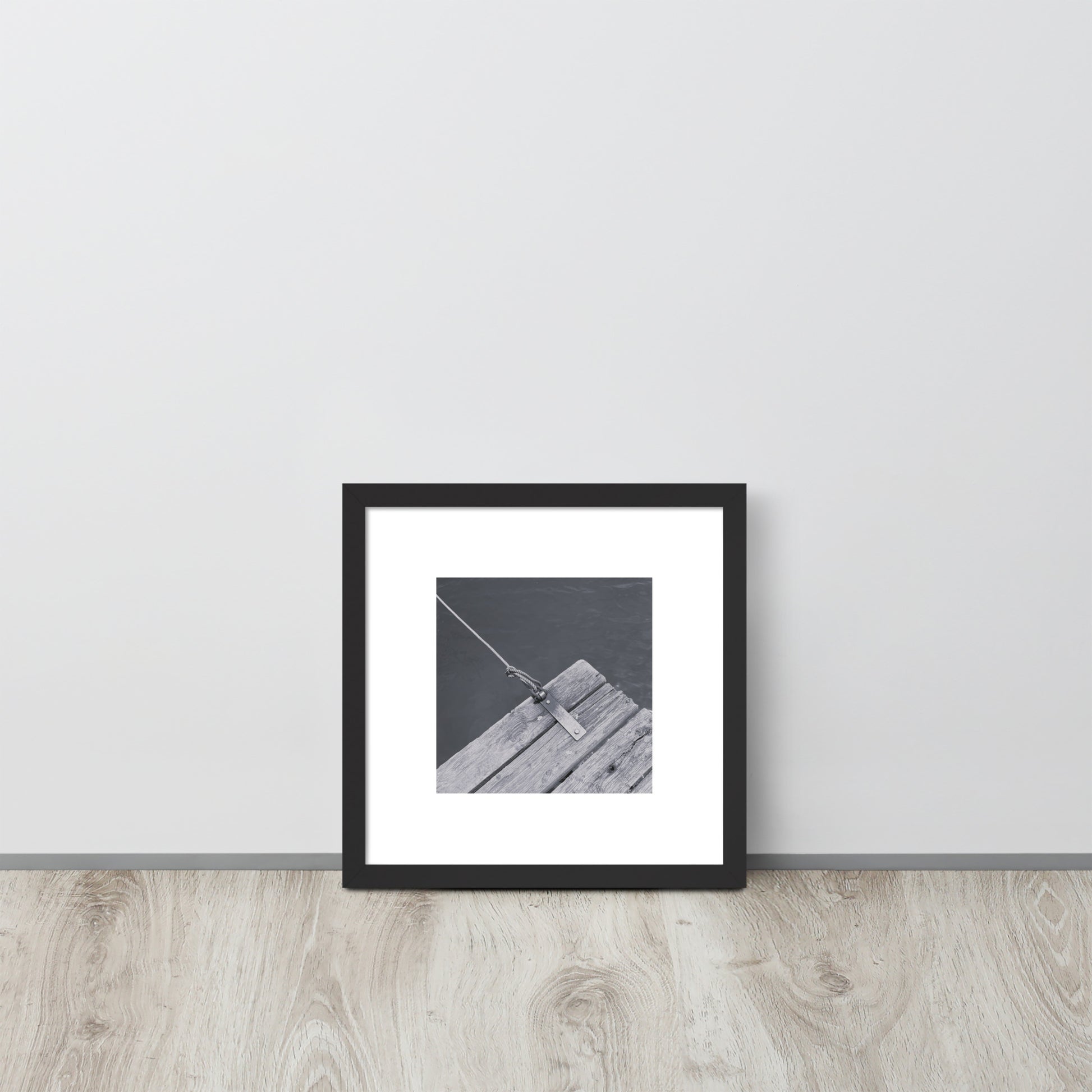 Minimalist art framed matte paper poster in black frame featuring the 'Ocean Pier (B&W)' photo art. / フレーム付きマットペーパーポスター（ブラックフレーム）：「海の桟橋 (モノクロ)」のフォトアートを配したミニマリストデザイン。