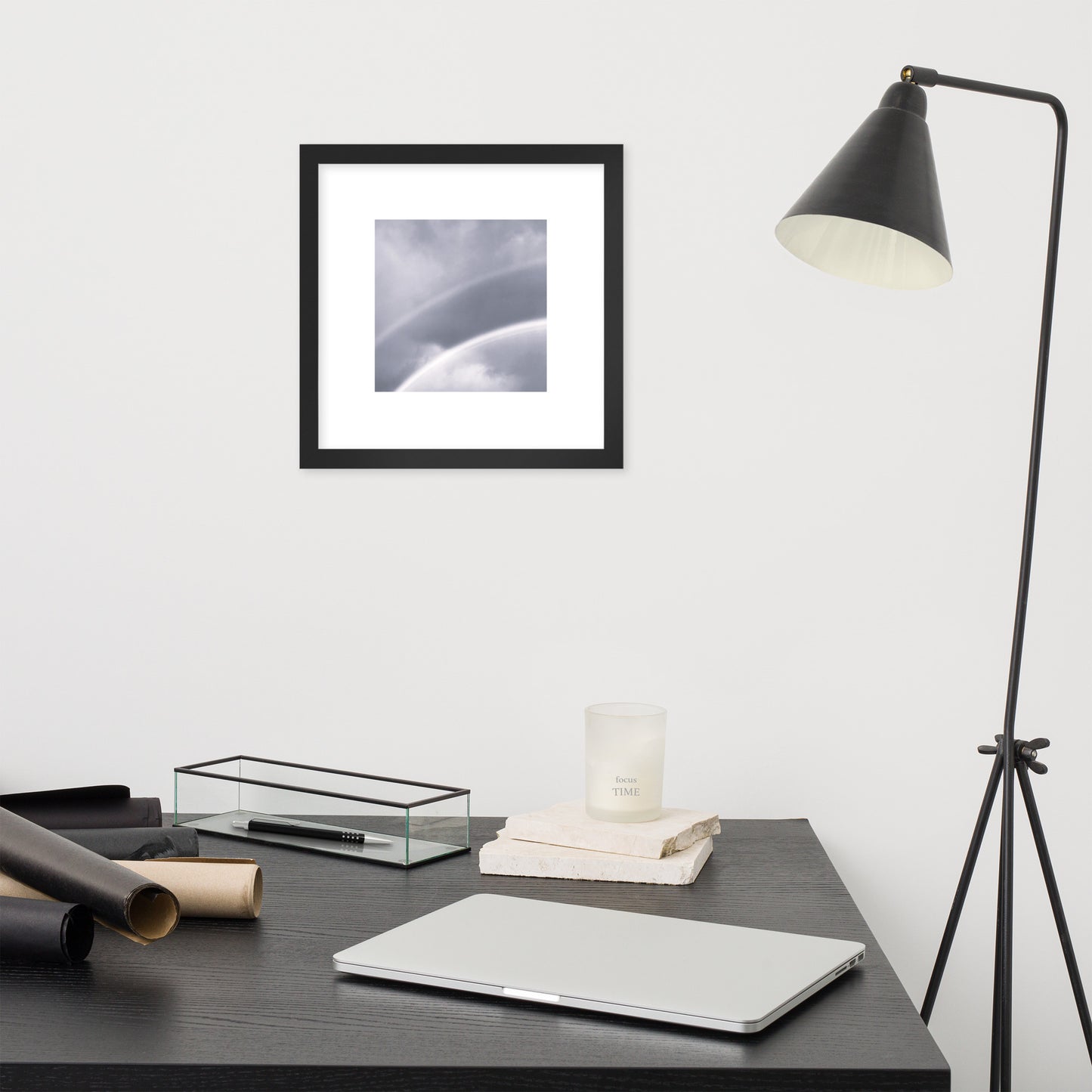 Double Rainbow Botanical B&W Art – Framed Matte Paper Poster, Black Frame, Front View